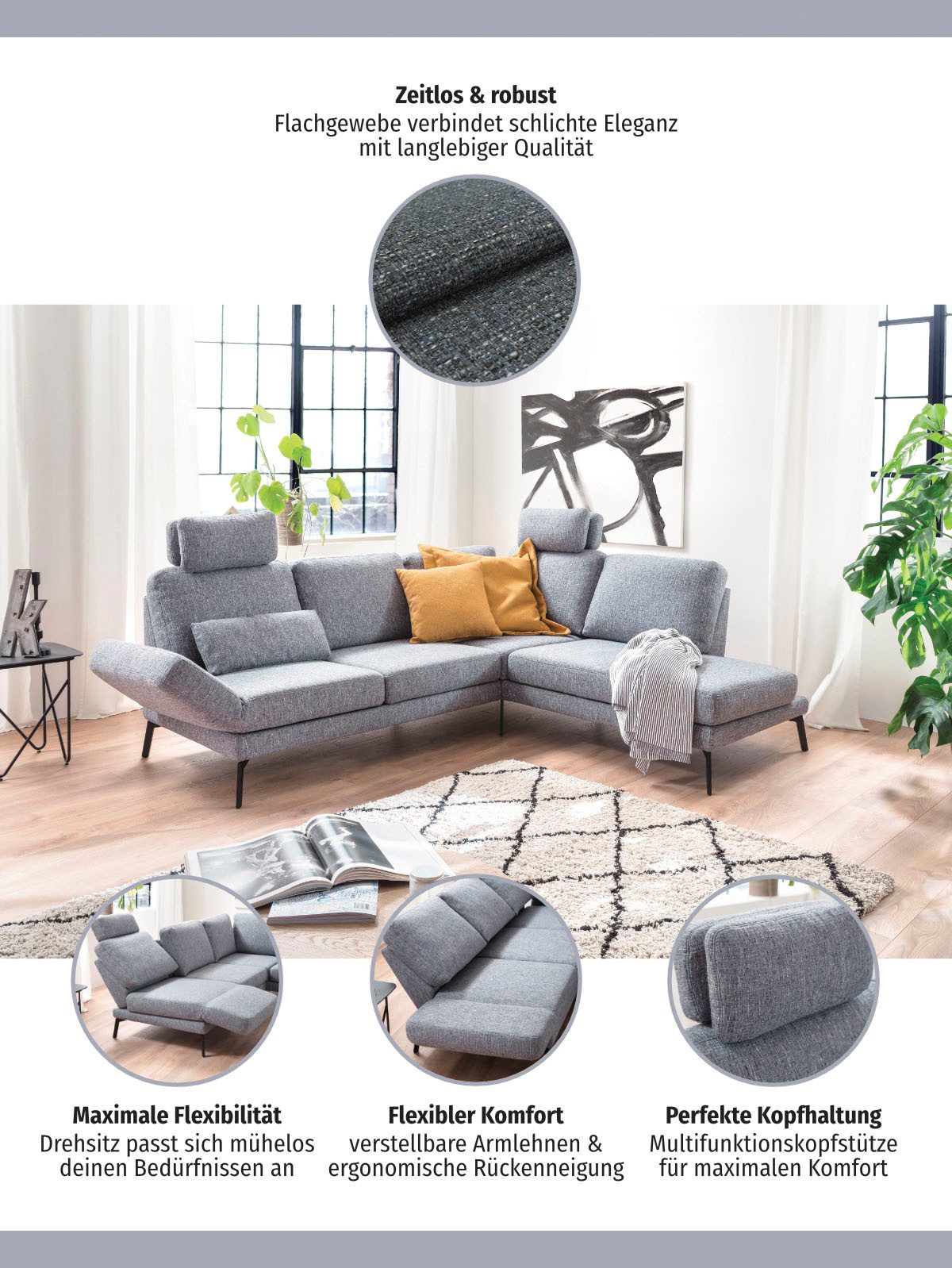 3C Candy Ecksofa Kairo Multifunktion-Sofa, bequem und viele Komfortfunktionen, L-Form, inklusive Drehsitz-, Armlehnen- und Rückenverstellung
