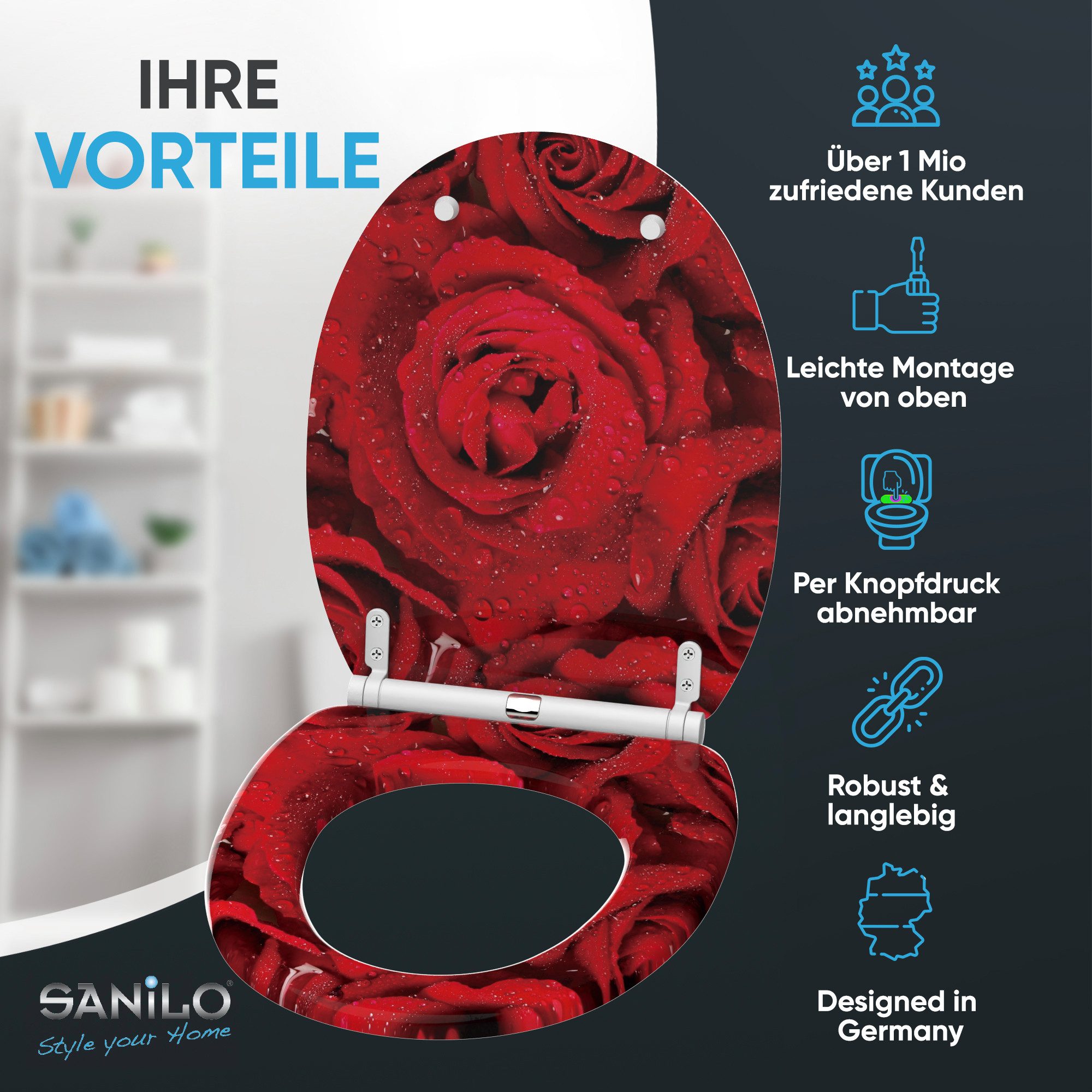 Sanilo WC-Sitz Rosen mit Absenkautomatik & Quick Release, Premium Toilettendeckel, abnehmbar, leichte Montage von oben