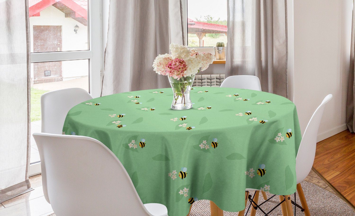 Abakuhaus Tischdecke Kreis Tischdecke Abdeckung für Esszimmer Küche Dekoration, Bees Fliegende Insekten-Blumen-Gekritzel