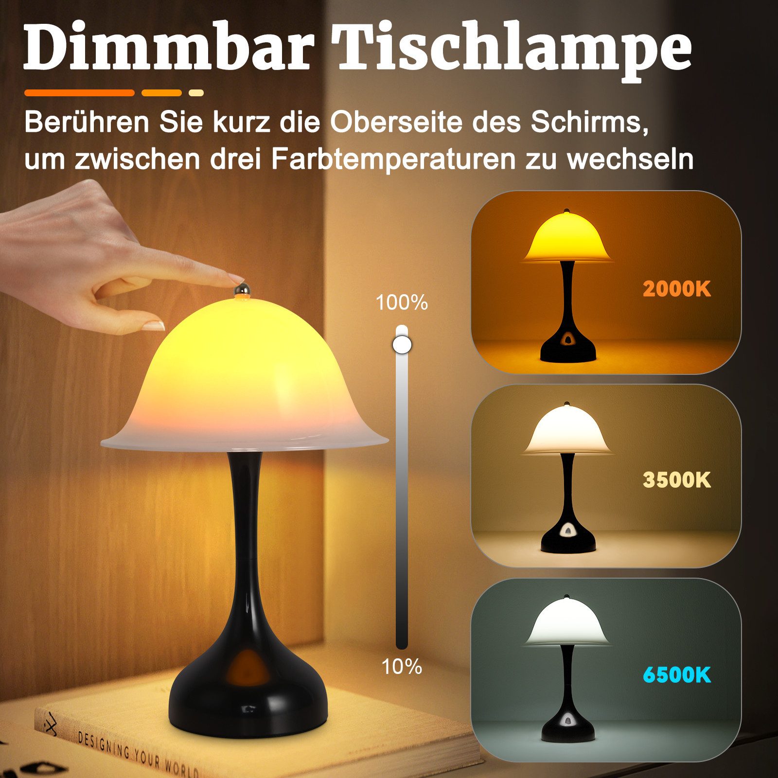 ZMH LED Tischleuchte Akku Tischlampe Aufladbar Touch Dimmbar Schlafzimmerlampe, USB-Ladefunktion, LED fest integriert, 2000K-6500k, Kabellose Nachttischleuchte  – Bild 2 von 5