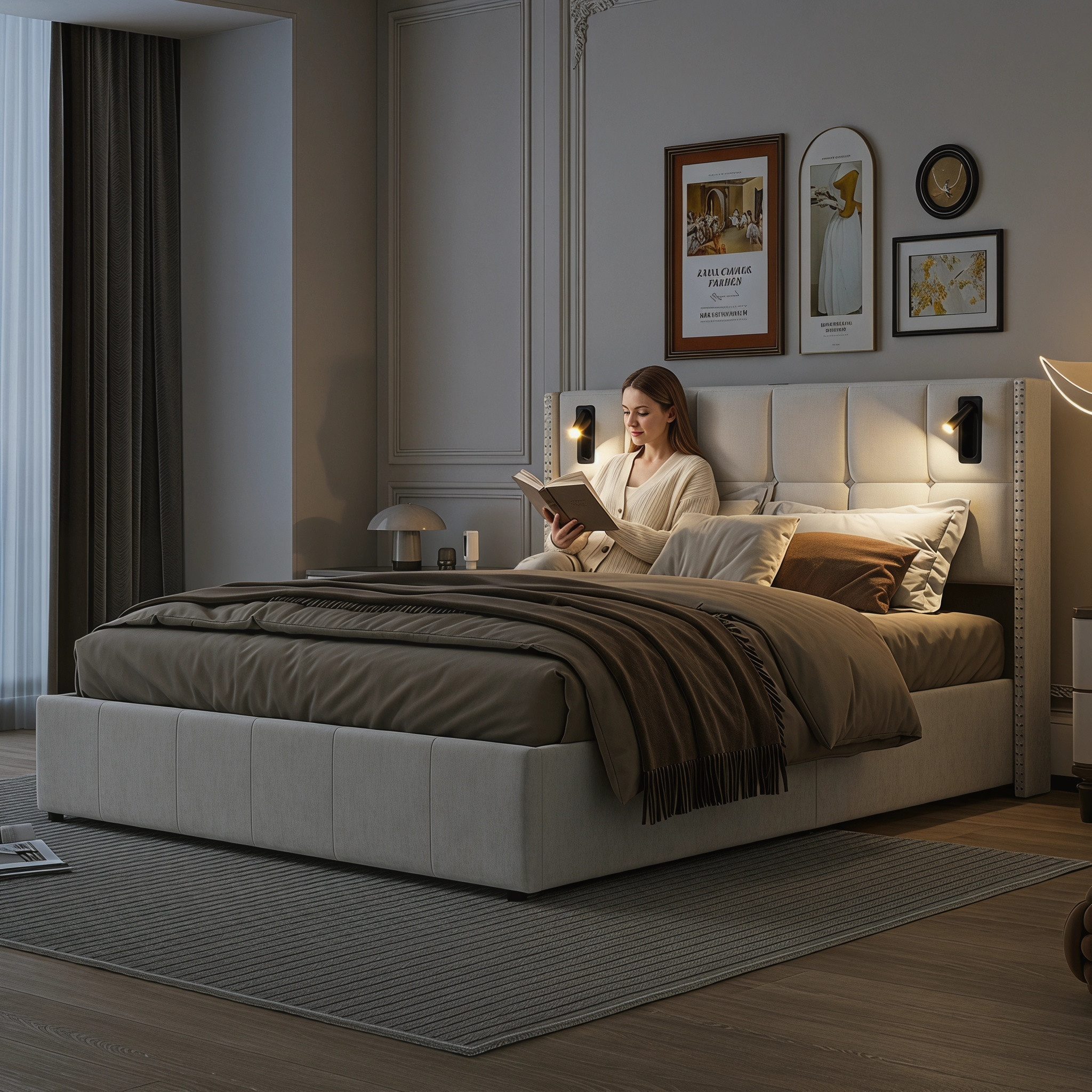 PXloue Stauraumbett Polsterbett Doppelbett, mit bettkasten und Lattenrost,Samtstoff,Leselicht,160x200 cm – Bild 3 von 5