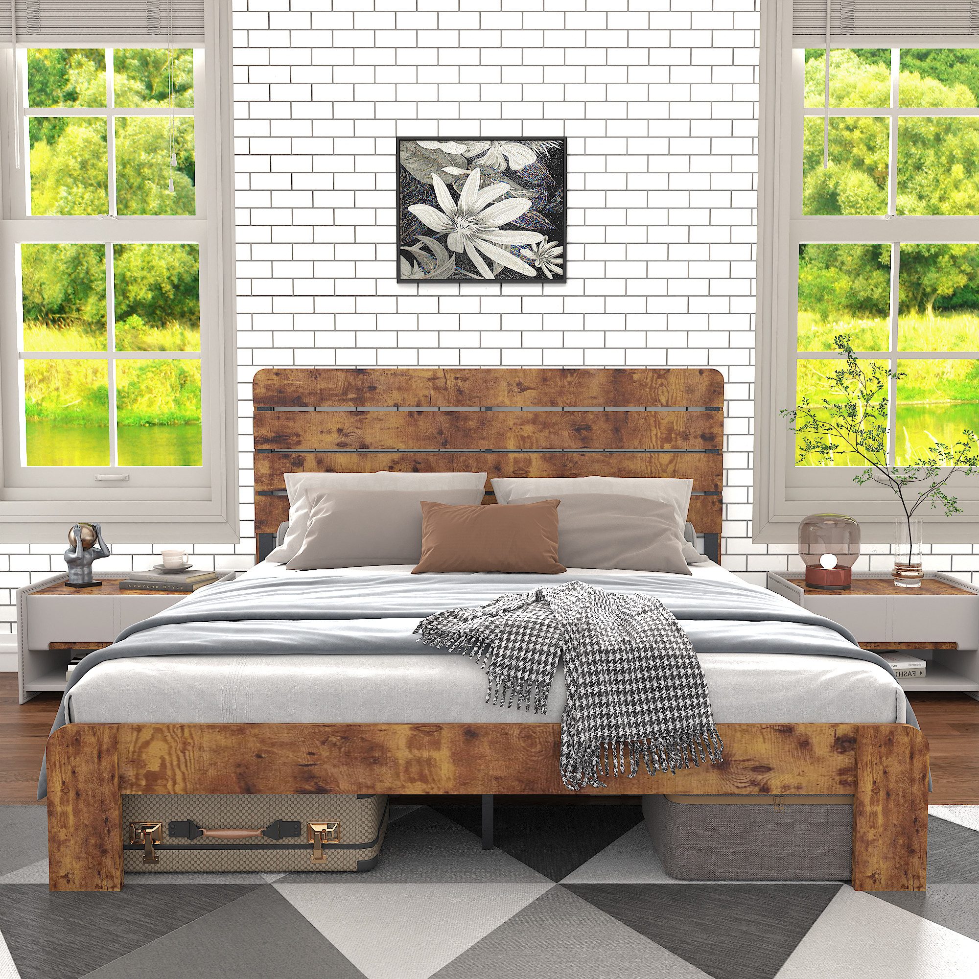 OKWISH Holzbett Antikes Holzbettgestell (mit Eisenlattenrost, Braun, 1-tlg., 140 x 200 cm)
