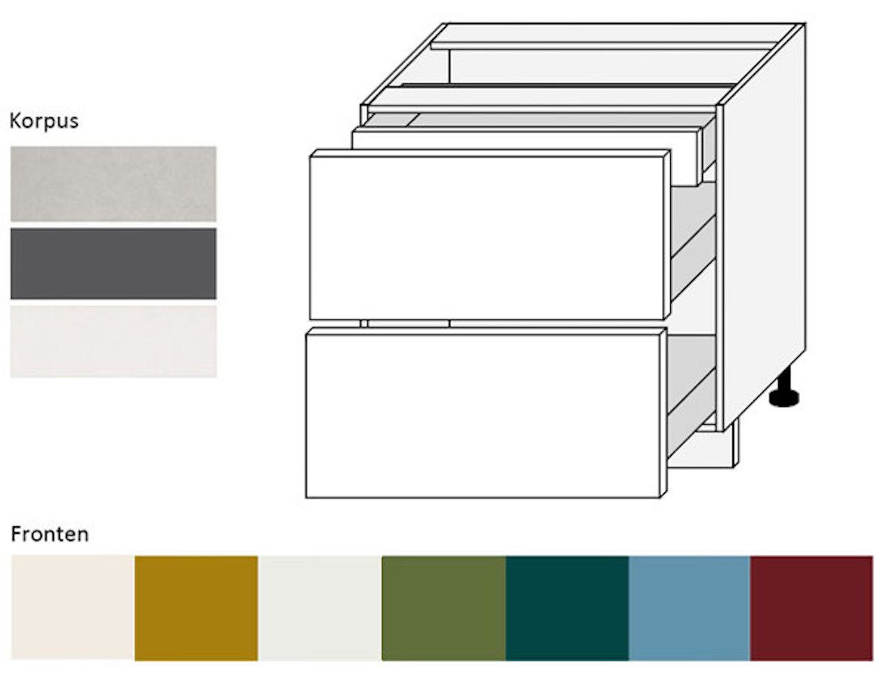 Feldmann-Wohnen Unterschrank Rimini (2 Schubladen HETTICH Vollauszug, 1 Innenschubladen, 1-St., moderne Optik, MDF Kasetten-Fronten, Soft-Close) 80x50x82cm Farbe wählbar