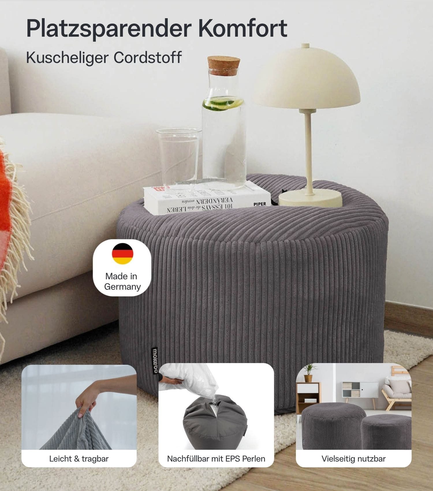 mokebo Pouf Mochi (rund und aus Cordstoff), Made in Germany, Sitzhocker, Bodenkissen, Fußhocker in Anthrazit – Bild 3 von 5