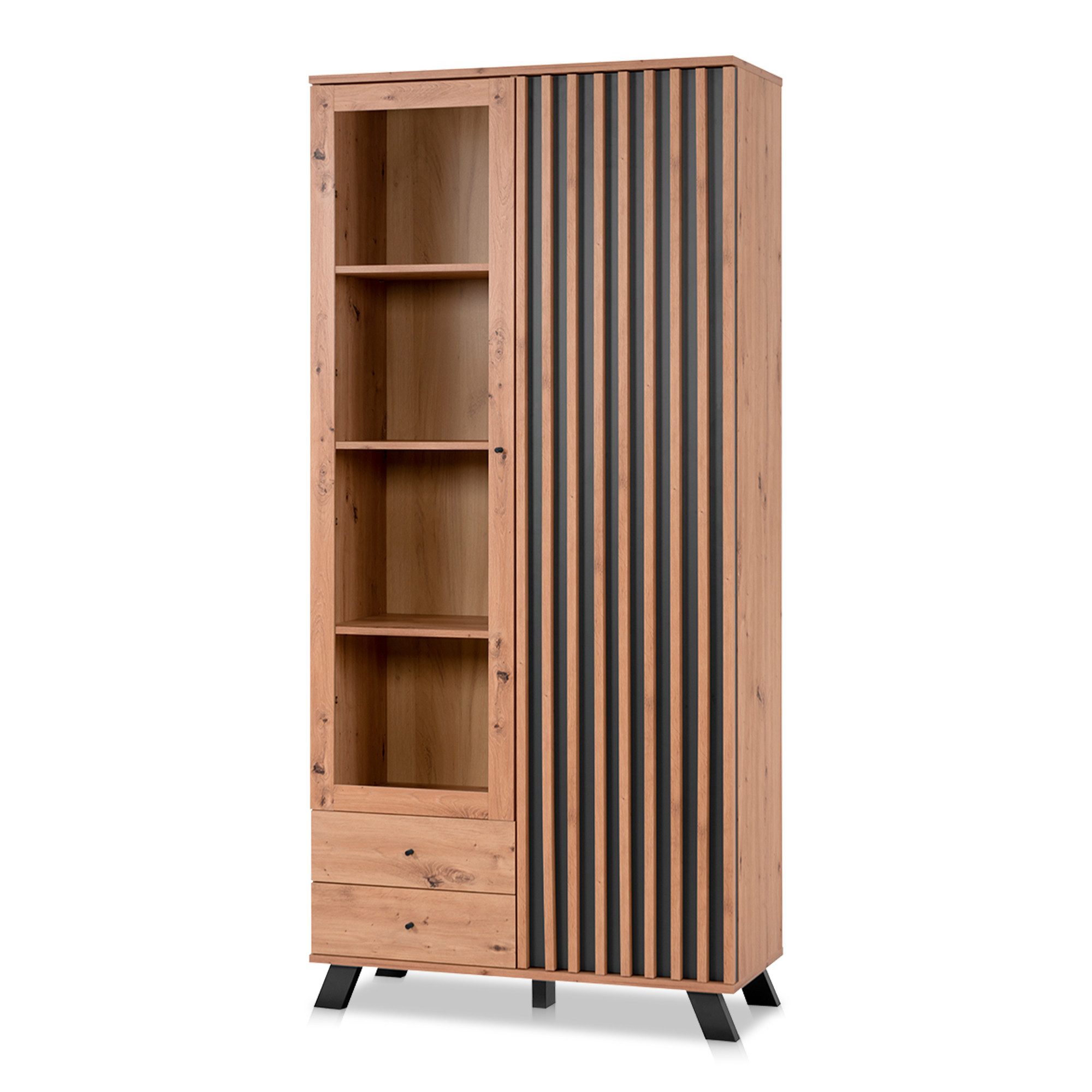 KHG Vitrine Glasschrank 2 Drehtüren Glastür Schublade (3D-Lamellen, 1-St., Asteiche Scandi modern)