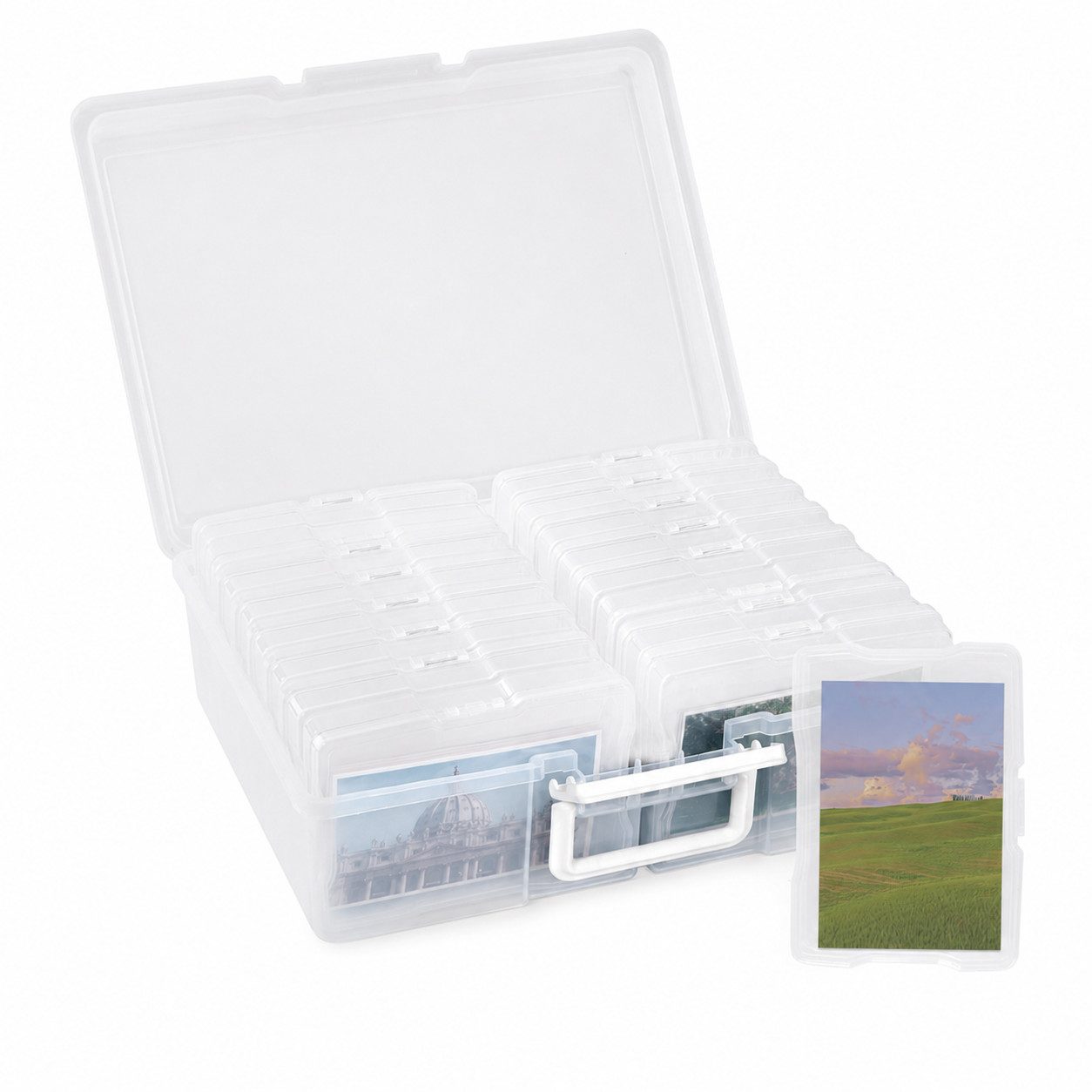 AIMAX Fotobox Foto Aufbewahrungsbox, 16 Fotohalter, Transparent, Foto Organizer aus PP mit Griff, Kunststoff Fotobox für Karten