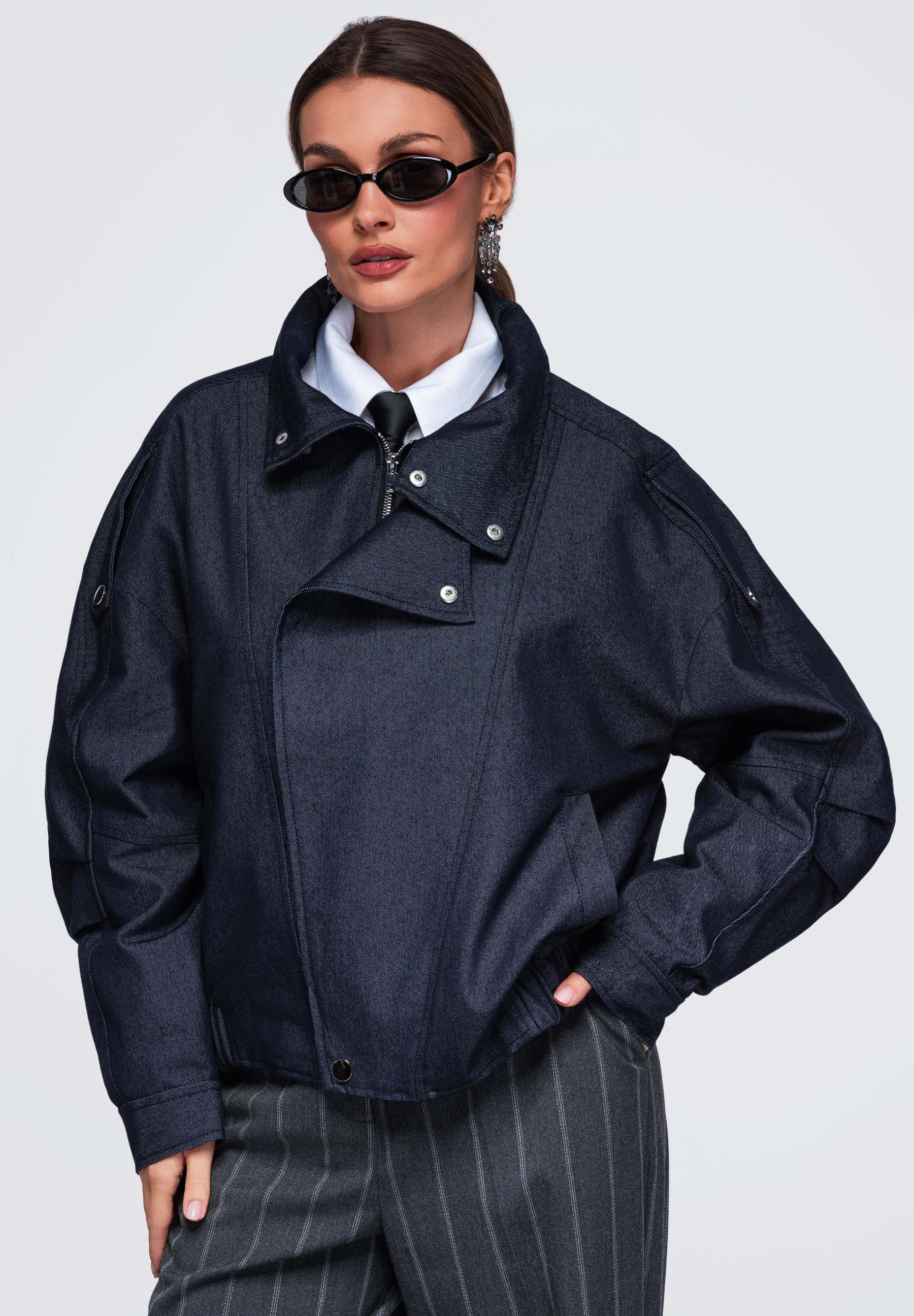 OMBRE Jeansjacke Damen Jeansjacke mit hohem Kragen und Oversized-Schnitt Navy L (kein Set, 1-St) in Unifarbe