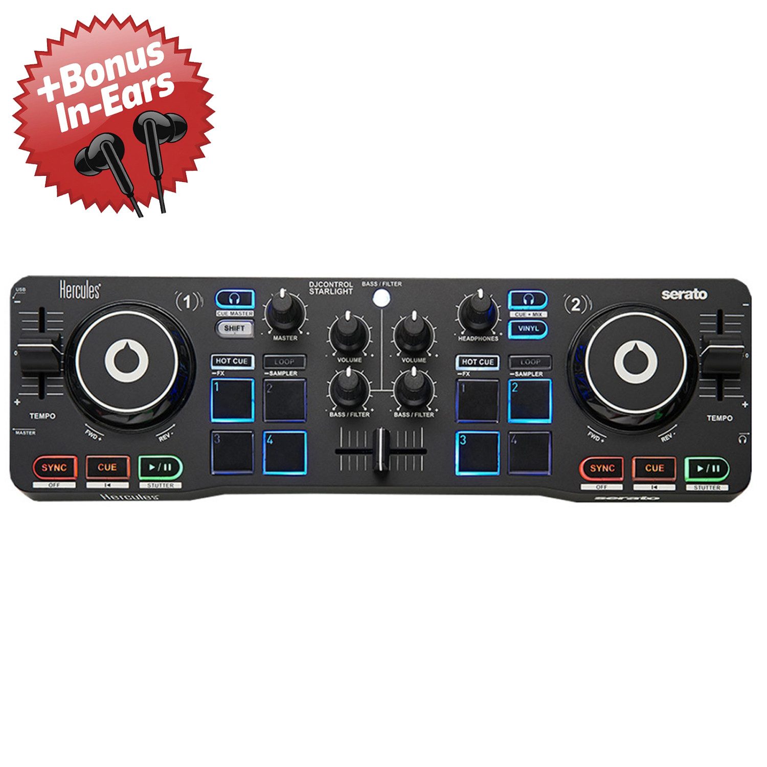 HERCULES DJ Controller Hercules DJ Control Starlight + Bonus In-Ear Kopfhörer, (Mit Serato DJ-Lite Software), Mit Serato DJ-Lite Software