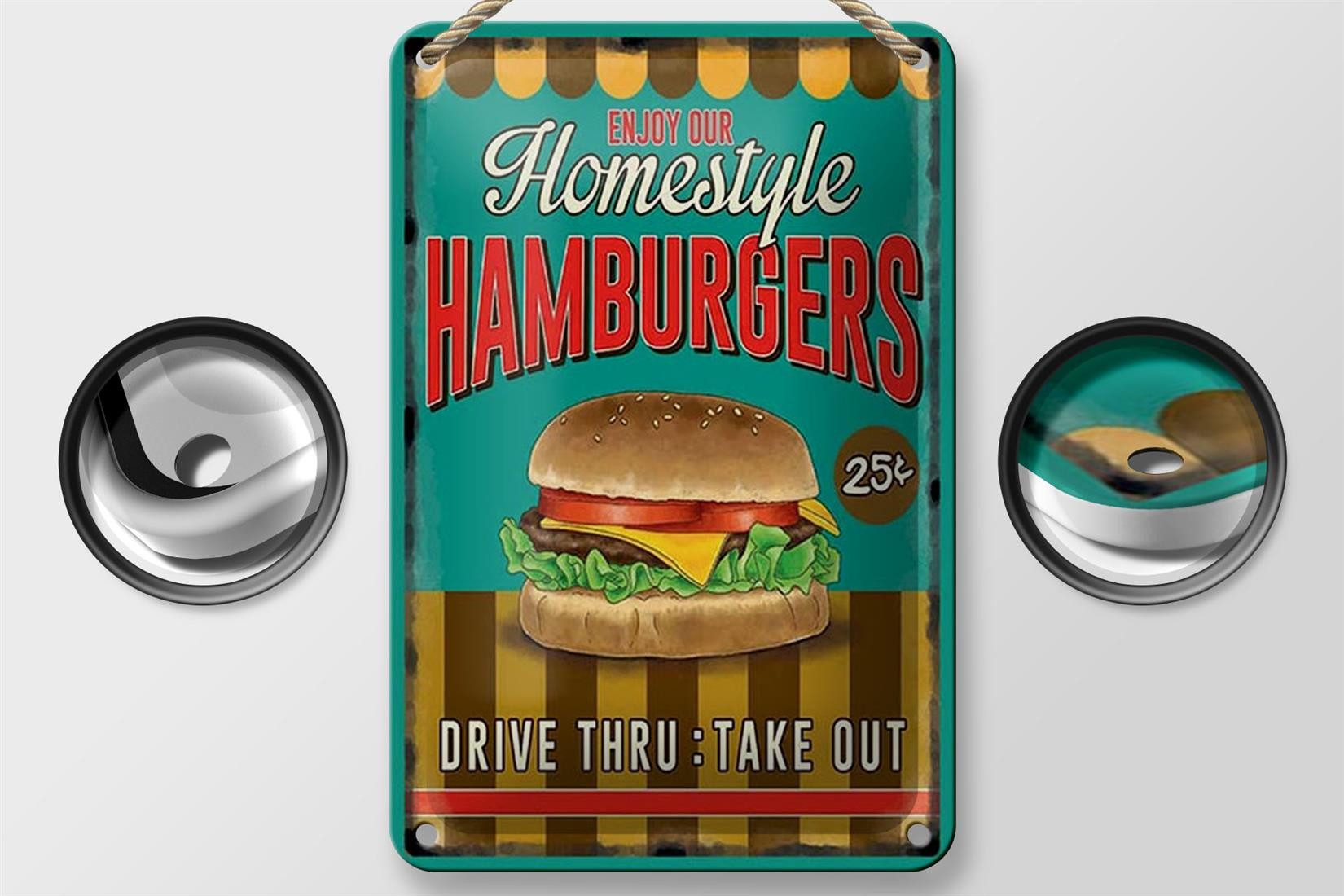 Femer GmbH Metallschild Essen 12x18cm Hamburgers enjoy our Homestyle, (1 St), gewölbte Oberfläche, abgerundete Ecken, umgeschlagene Kanten