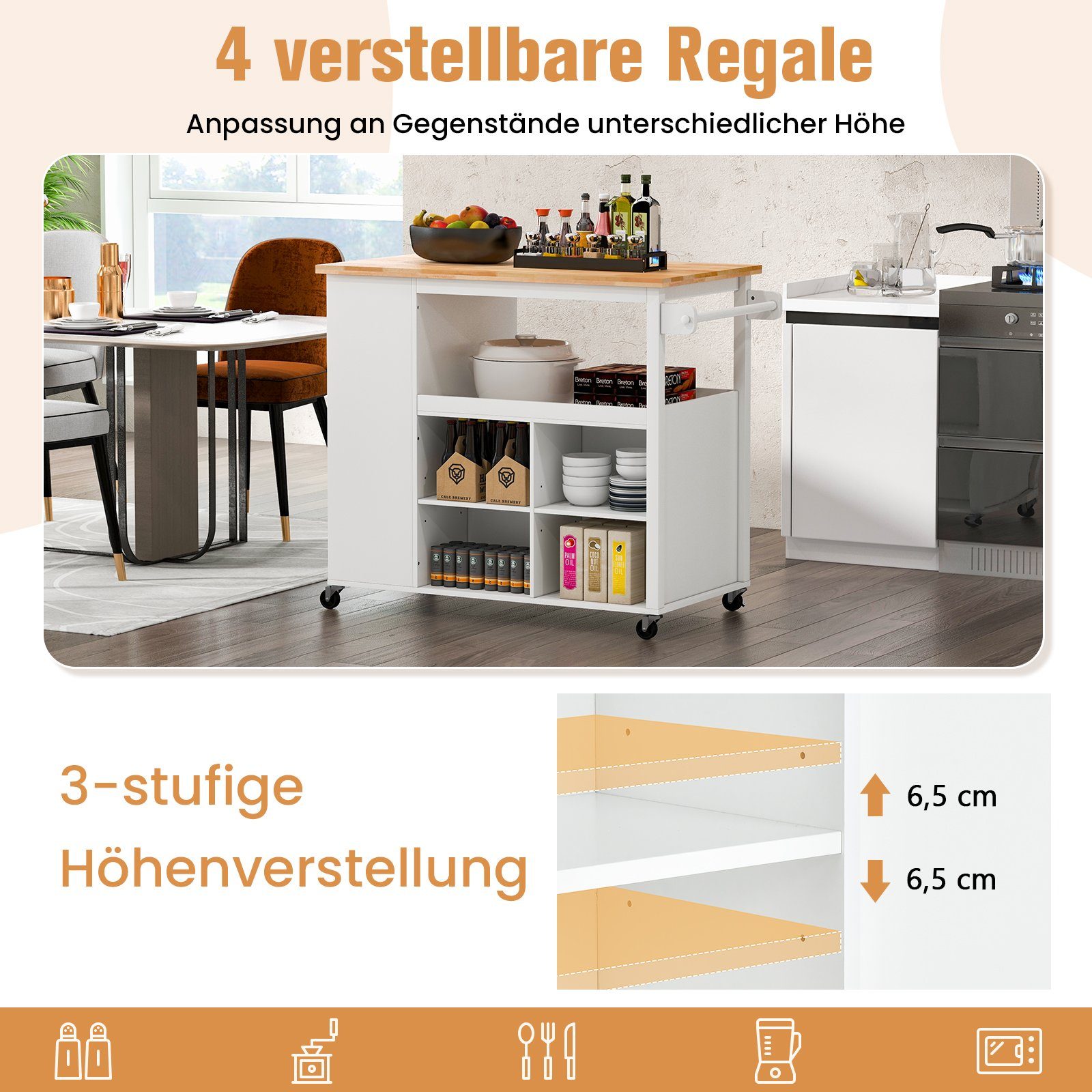Handtuchhalter Küchenwagen, Regalen verstellbaren & COSTWAY Natur Schublade, 4 mit Weiß,