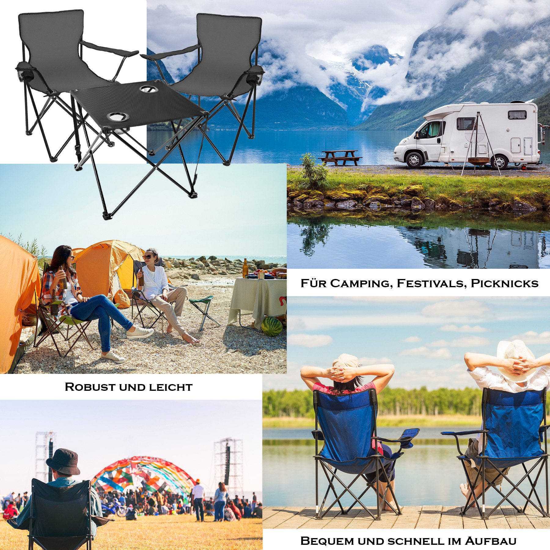 BigDean Campingstuhl mit Stühlen dunkelgrau - Camping Tisch Stuhl Set Camping Stühle (Set, 1 St), Outdoor, Festival, Angeln, Pflegeleicht