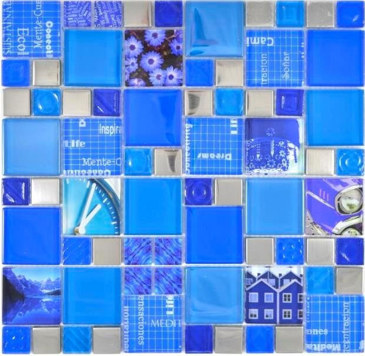 Mosani Mosaikfliesen Glasmosaik Mosaikfliesen silber blau dunkelblau