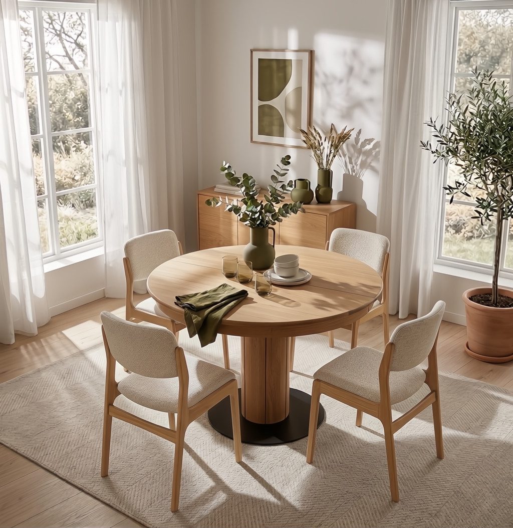 Woodek Design Esstisch Elin Ø110 cm + Verlängerung, aus massivem Eichenholz, matt lackiert (perfekt für moderne und klassische Essbereiche, 1-St., Massiver Eichen-Mittelfuß), Handgefertigter Küchentisch mit matt lackierter Oberfläche