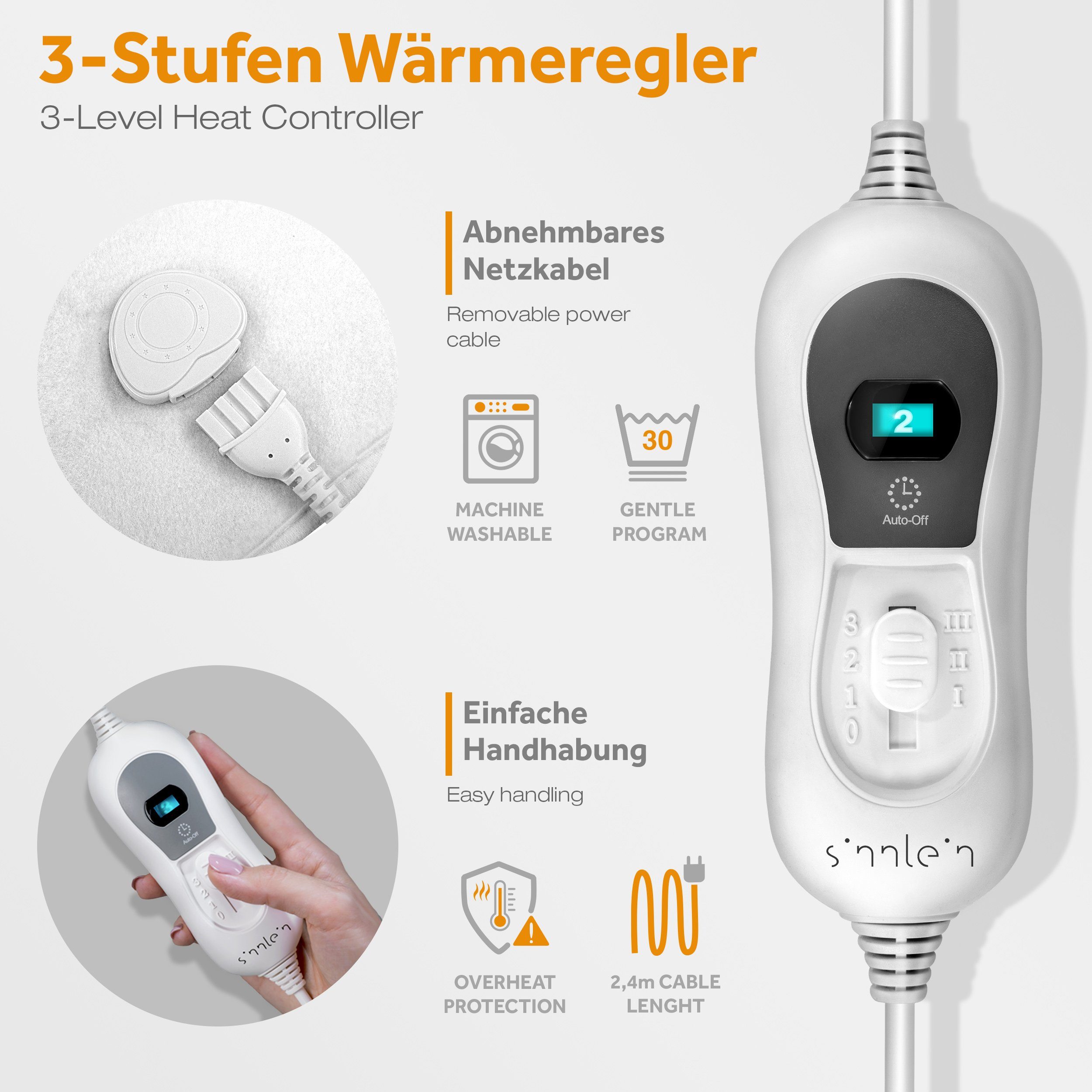 sinnlein Elektrofußwärmer Wärmeunterbett elektrisch Heizdecke Abschaltautomatik, 2 Temperaturzonen, 3 Temperaturstufen