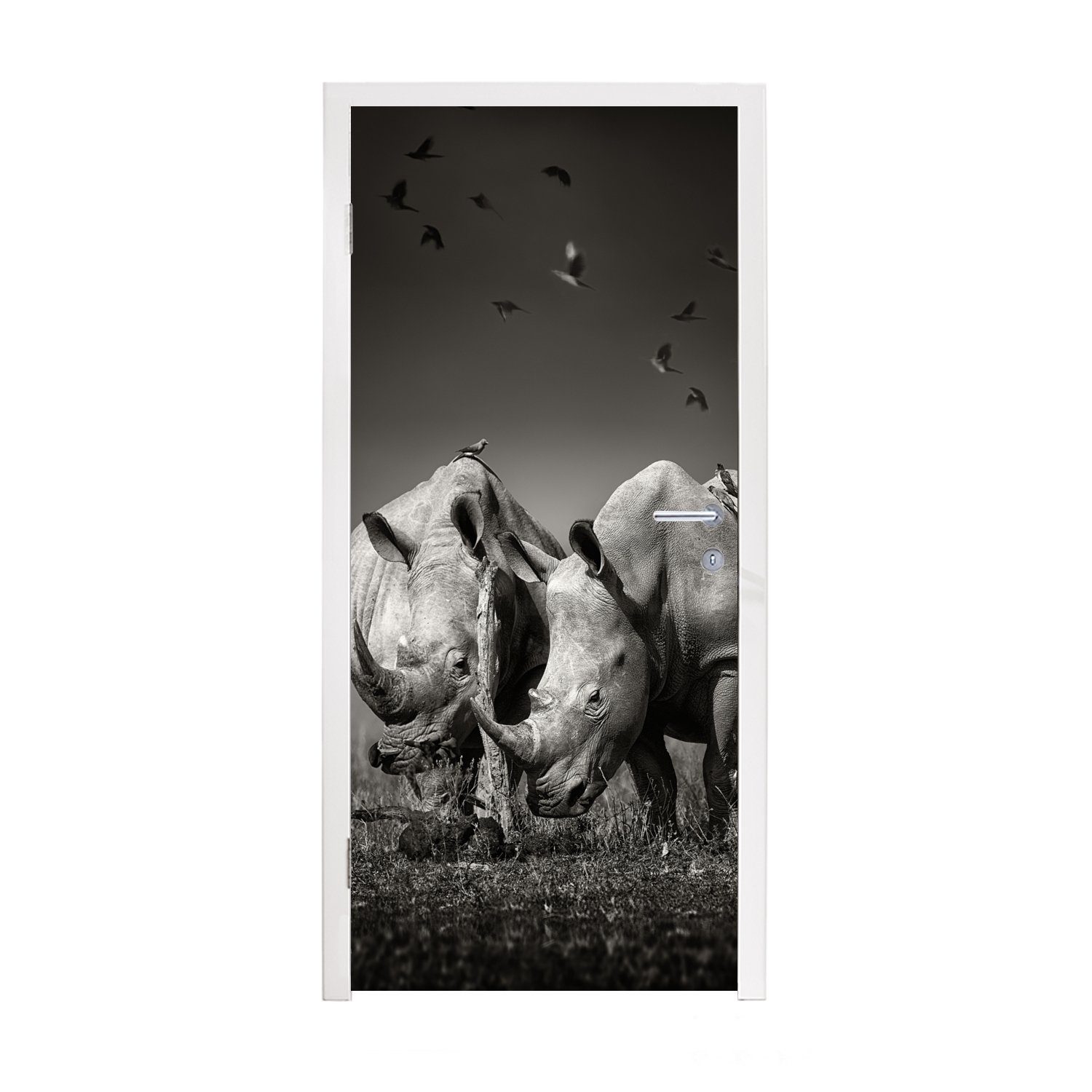 MuchoWow Türtapete Nashorn - Vogel - Tiere - Landschaft - Schwarz-Weiß, Matt, bedruckt, (1 St), Fototapete für Tür, Türaufkleber, 75x205 cm