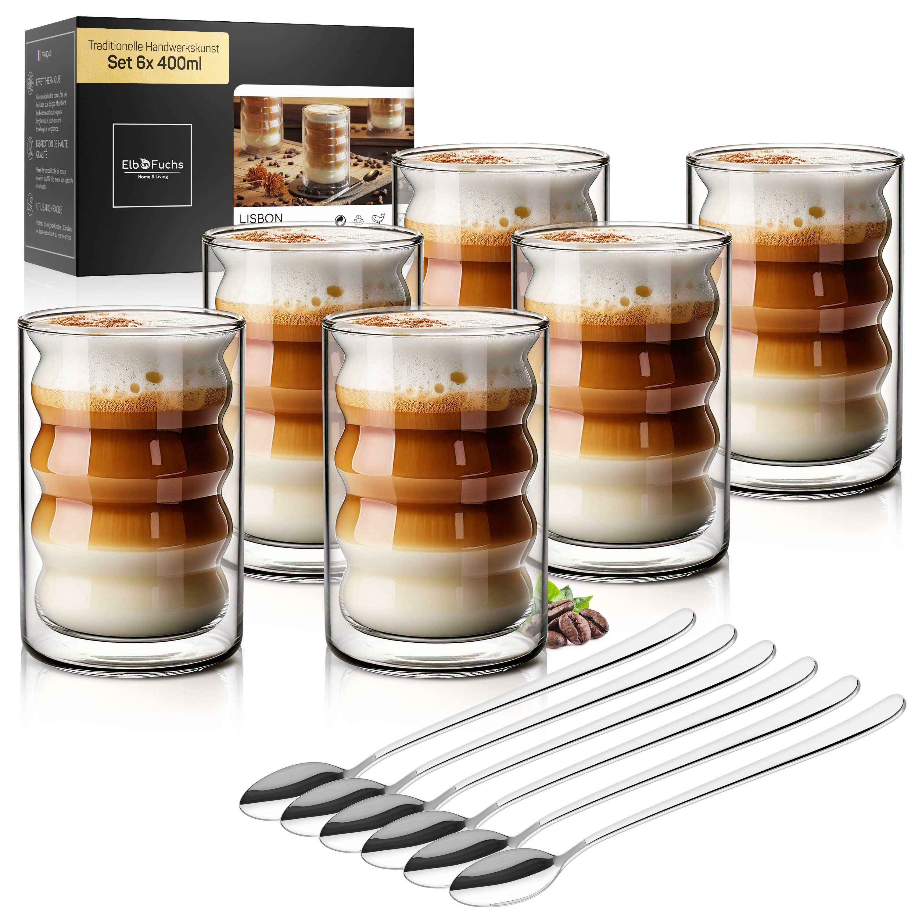 ElbFuchs Latte-Macchiato-Glas Lisbon Bubble, 400ml, 6-tlg., Doppelwandiger Thermoeffekt, Borosilikatglas