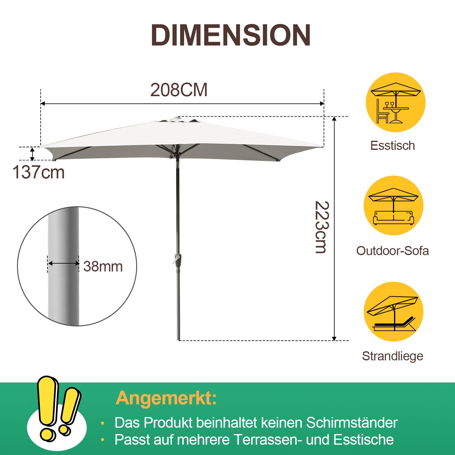 Clanmacy Sonnenschirm Rechteckig Balkonschirm 210x140 cm günstig online kaufen