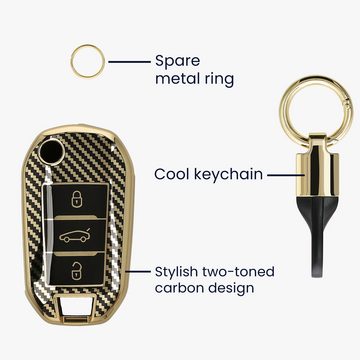 kwmobile Schlüsseltasche Hülle für Peugeot Citroen 3-Tasten Klapp Autoschlüssel (1-tlg), Schlüsselhülle mit Key Ring Anhänger - Cover Gold Schwarz