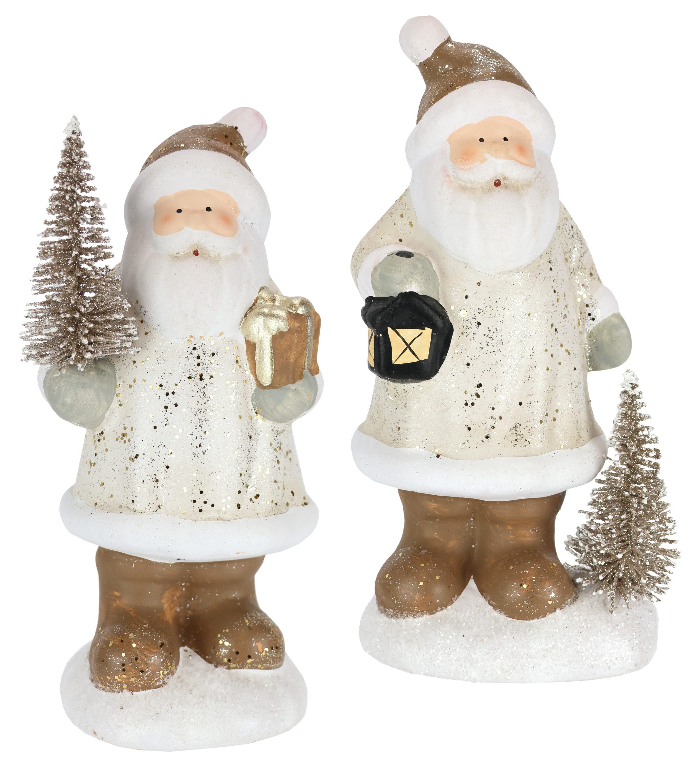 I.GE.A. Dekofigur Nikolaus aus Keramik, 2er Set (2 St), Mit Baum Laterne Geschenk Figur Dekoration Weihnachtsdeko