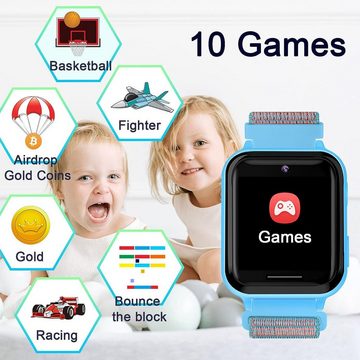 PTHTECHUS Smartwatch (1,54 Zoll), Kinder Smartwatch 10 Spiele Anruf MP3 Musik Kamera Recorder Geschenk