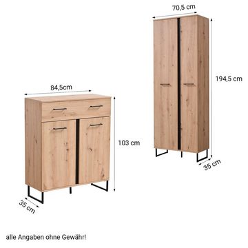 Homestyle4u Garderoben-Set Garderobe Flurgarderobe Flurmöbel Industrial Style Holz Eiche, (5-St)