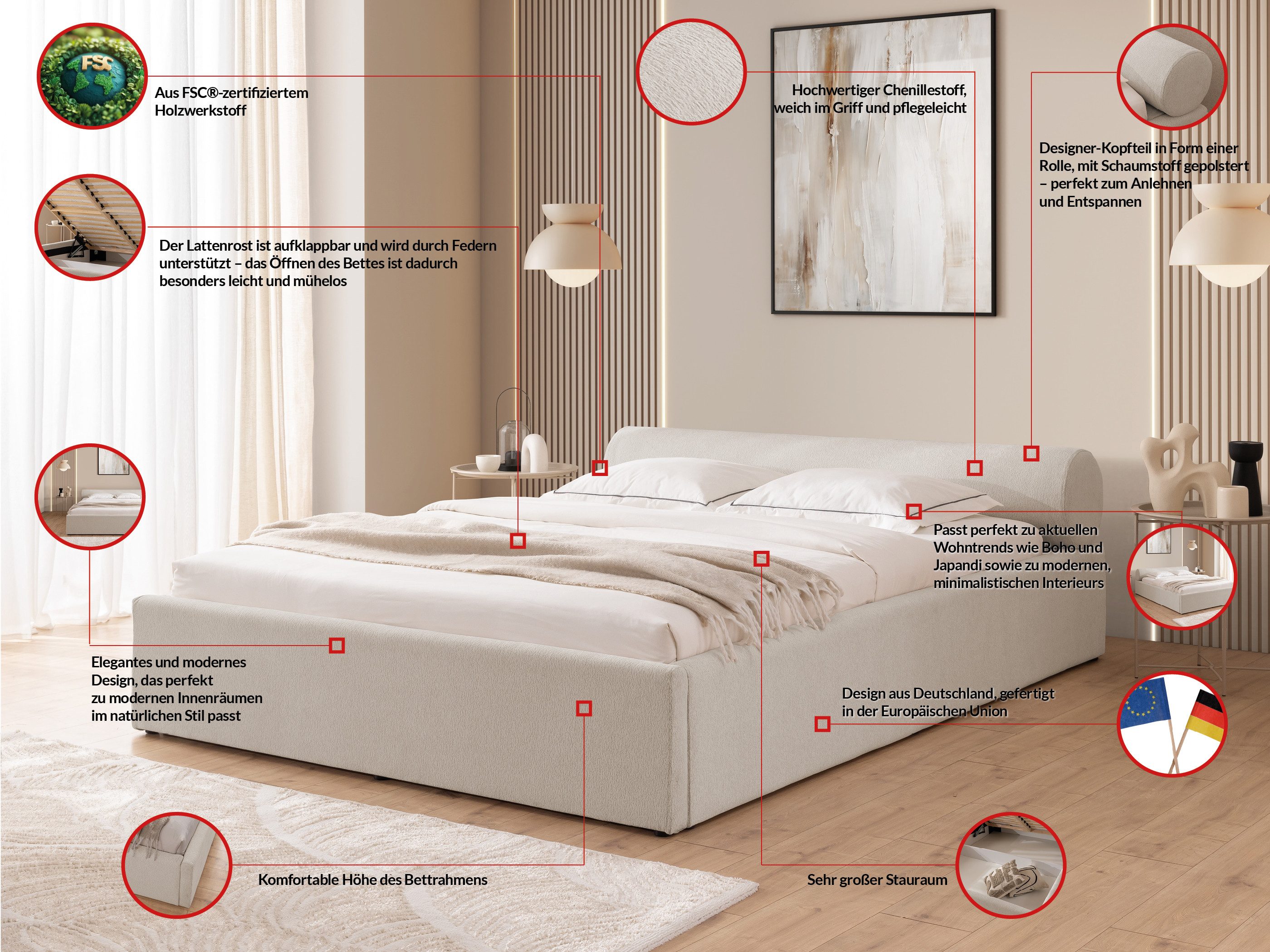 S-Style Möbel Polsterbett Josy aus Chenille-Stoff mit Lattenrost und großem Bettkasten (1 x Polsterbett mit Lattenrost), Chenille-Stoff – Bild 4 von 5