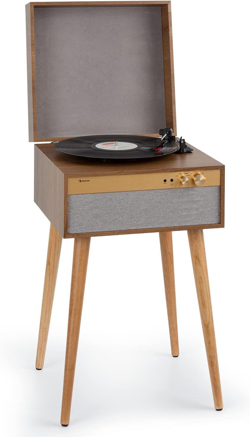 Auna Retro-Schallplattenspieler mit Bluetooth Transmitter & Receiver Plattenspieler (Riemenantrieb 33,3 45 & 78 U/min Stereo)