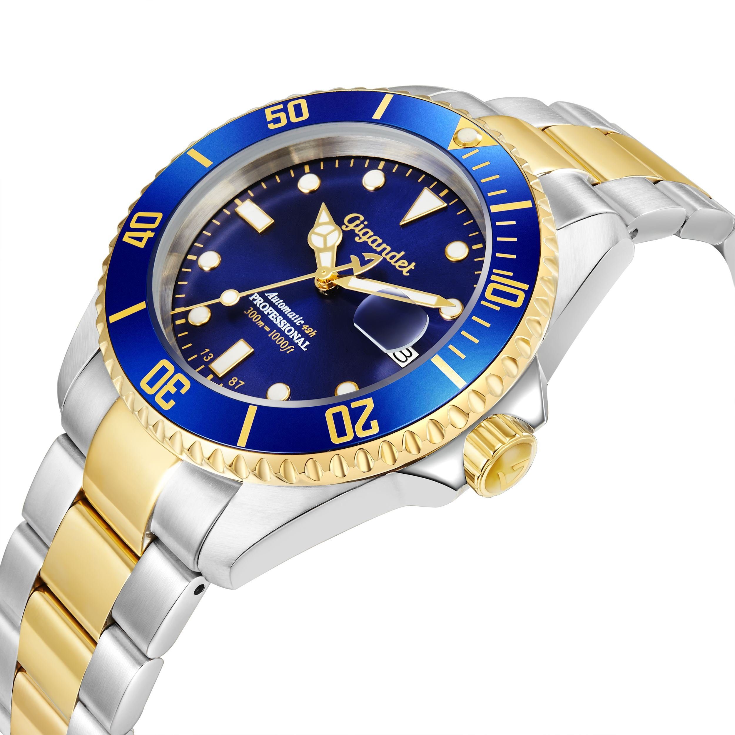 Gigandet Automatikuhr Herrenuhr, Armbanduhr, Taucheruhr, 43mm, SEA GROUND G2-001, Mineralglas, Aluminiumlünette, Blau, 30bar/300m wasserdicht