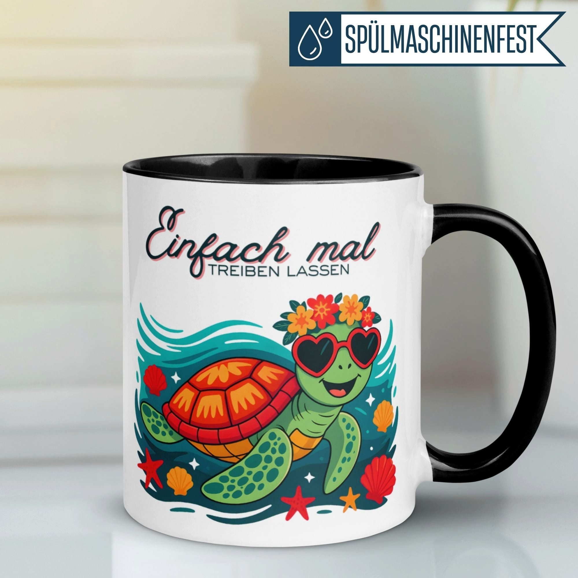 Momentals Tasse Schildkröte – „Einfach mal treiben lassen“ – Anti Stress Geschenk, Gratis Versand · Links-&Rechtshänder · Spülmaschinenfest