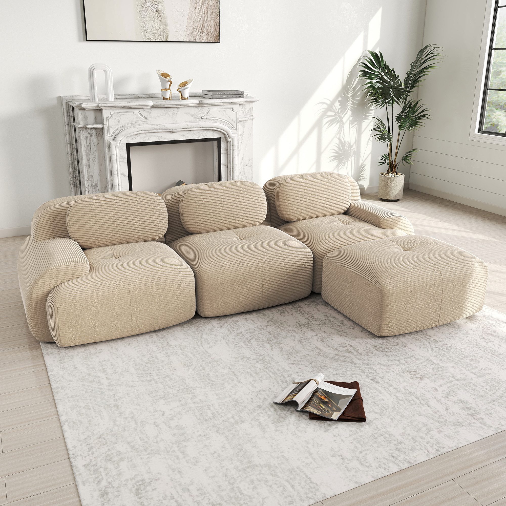Leawin Sofa Modulares Cord-Ecksofa ohne Montage mit ergonomischen Armlehnen, Hochwertiges 3-Sitzer-Sofa mit 32D hochelastischer Polsterung