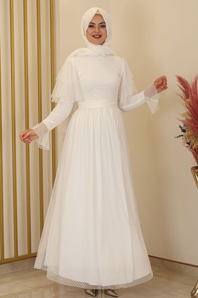 Modavitrini Tüllkleid Abendkleid aus gepunktetem Tüll Hijab Kleid Abiye Abaya Ecru-Weiß