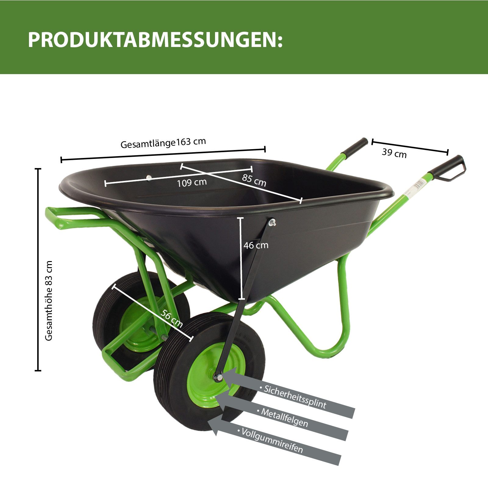 TRUTZHOLM Schubkarre 2-Rad 160L 220kg Gartenschubkarre Vollgummireifen Metallfelge grün