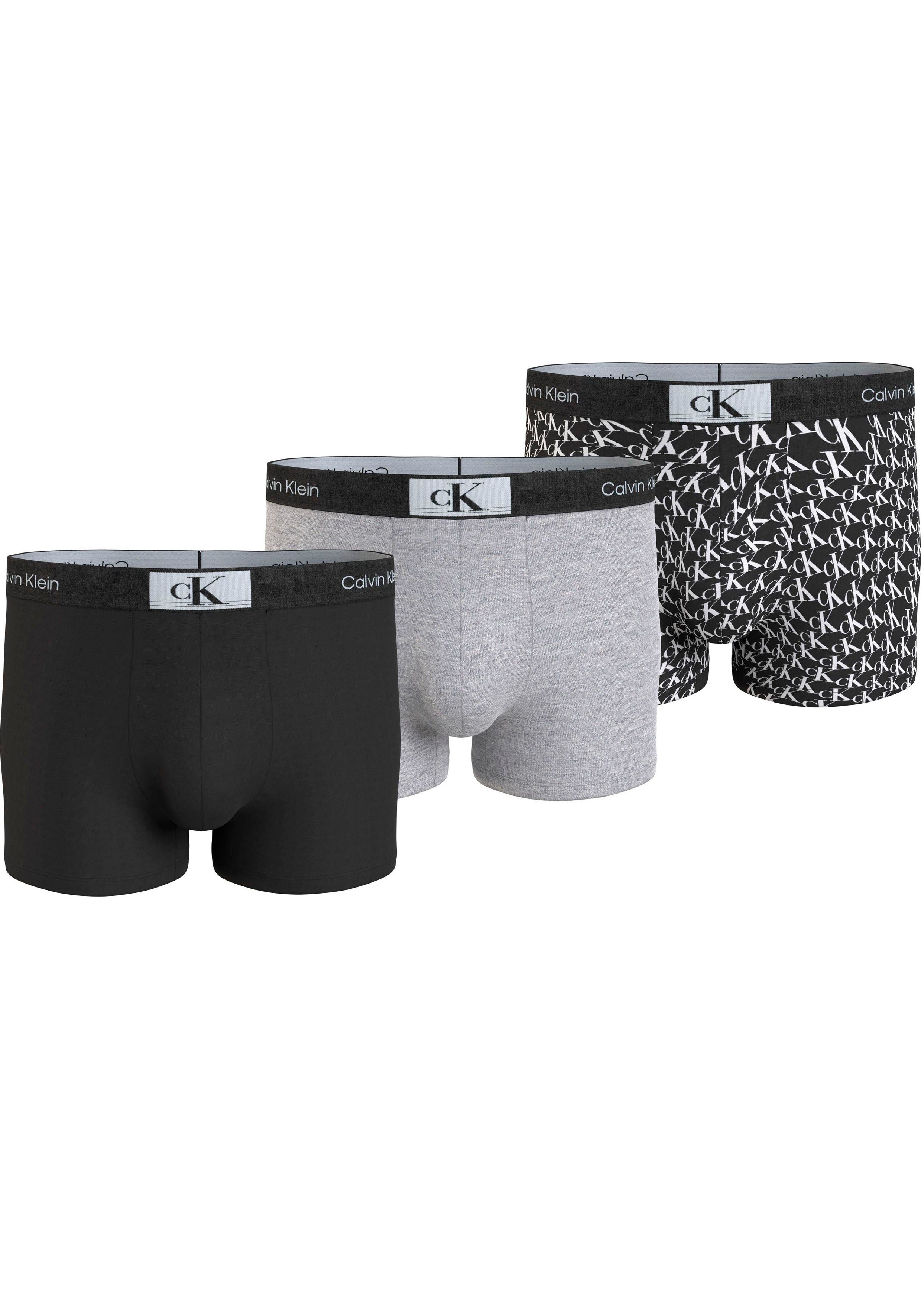 Klein Underwear Calvin 3-St., TRUNK 3er-Pack) Trunk (Packung, BLK,_GREY_HTHR,_WARPED_LOGO_PRT_BLK Logo-Elastikbund mit 3PK
