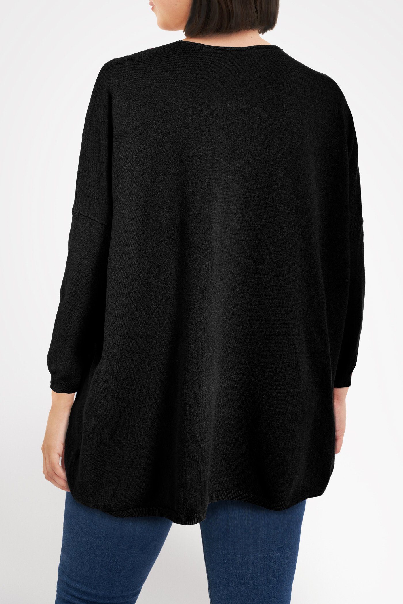 mit Strickshirt Strickpullover Oversized (1-tlg) schwarz PEKIVESSA V-Ausschnitt langarm Feinstrickpullover Damen