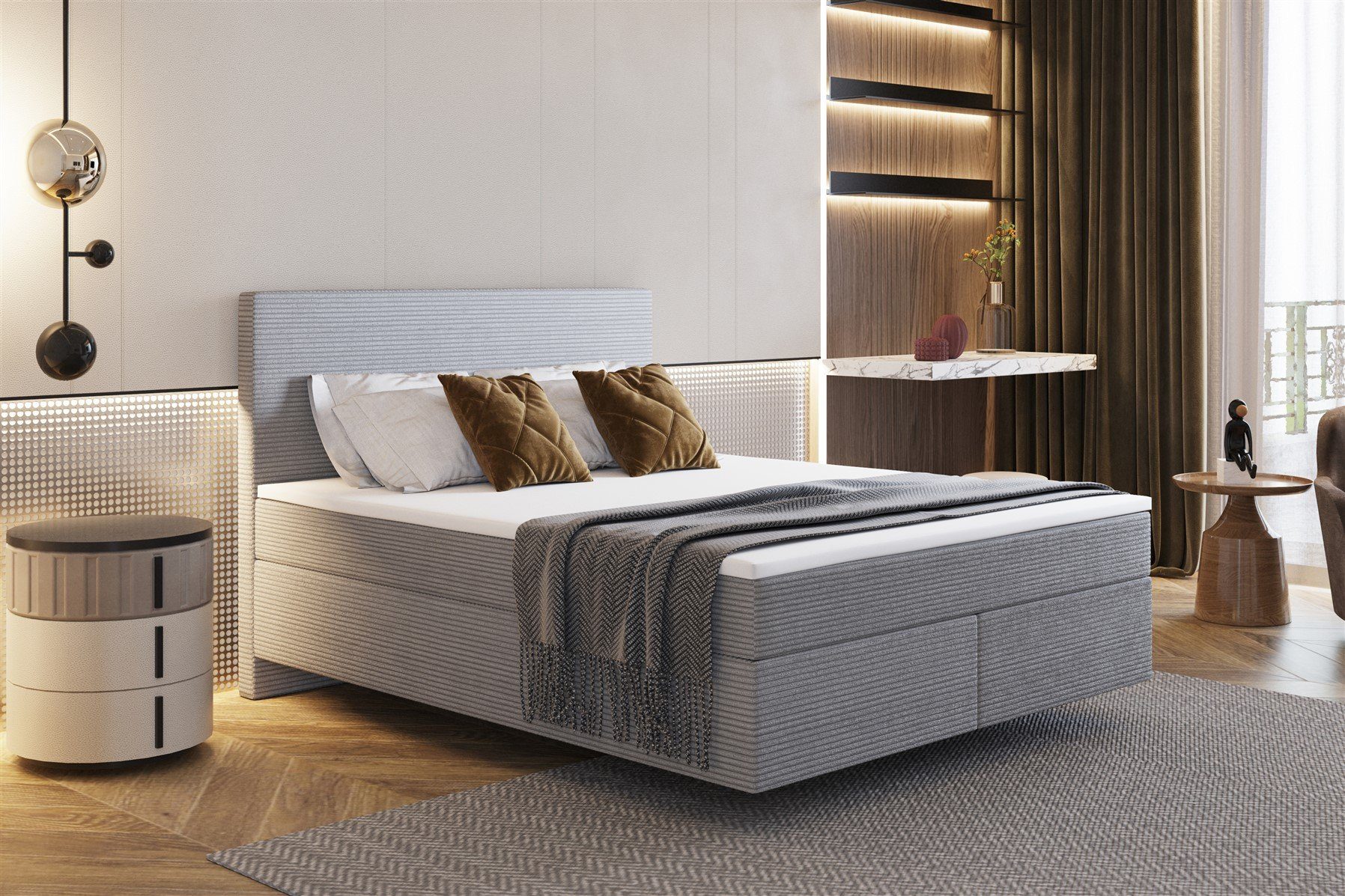 Fun Möbel Boxspringbett Schlafzimmerbett DEVIL Premium Stoff Scala (inkl. Kaltschaumtopper), Scheinbar schwebende Optik