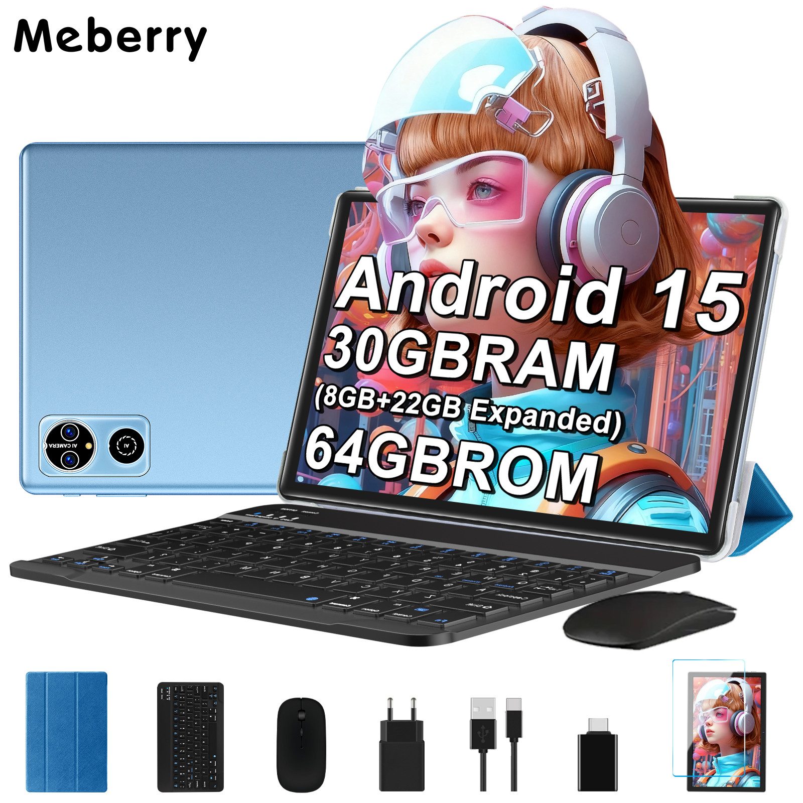 GOODTEL Meberry 30GB RAM 64GB Speicher, Android 15, WiFi, Widevine L1 Tablet (10.1", Android15, 6000 mAh Akku, mit mit Zubehör Tastatur, Maus)