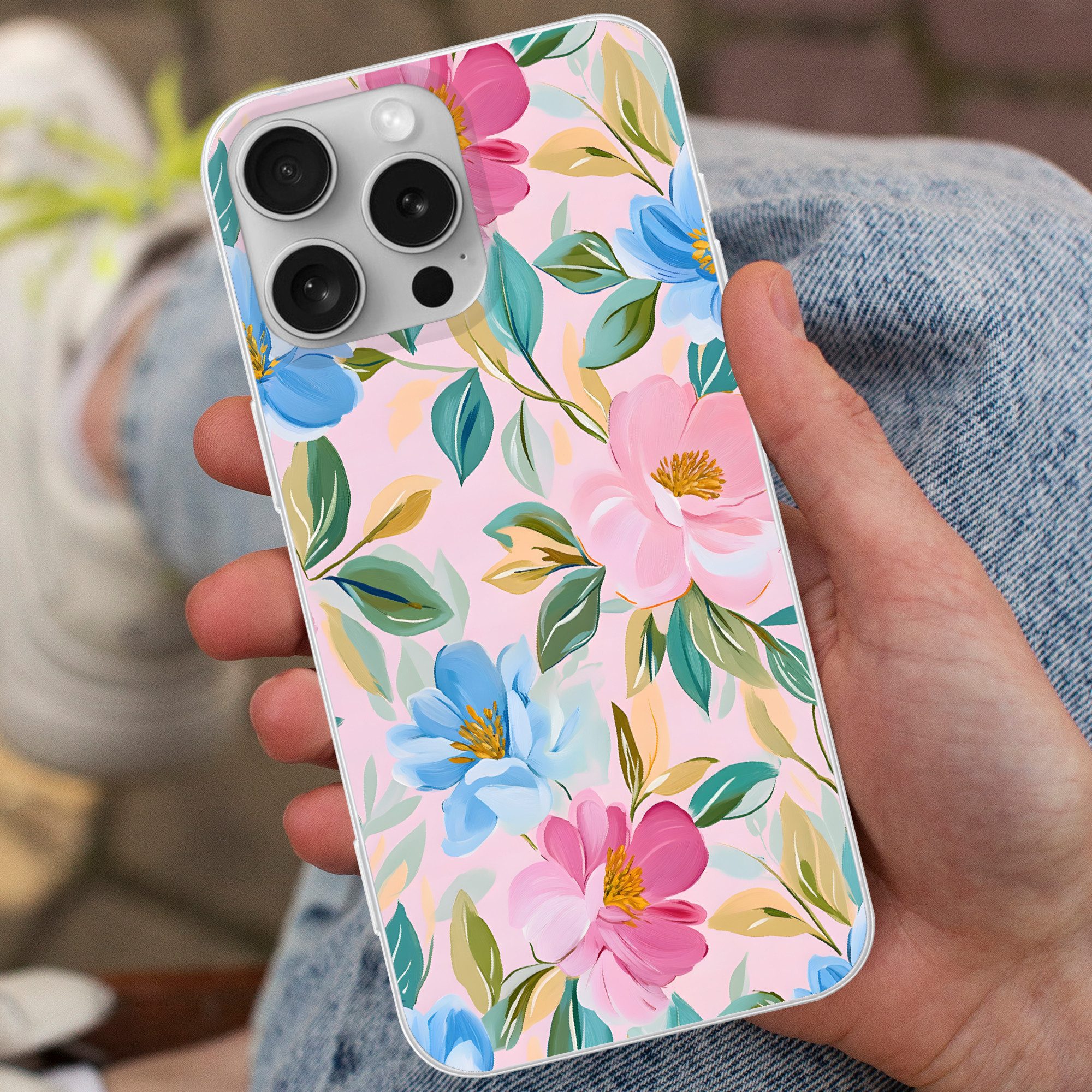 MuchoWow Handyhülle für Apple iPhone 16 Pro Max Blau - Rosa - Blumen, Smartphone-Bumper, Print, Handy Schutzhülle Dünn