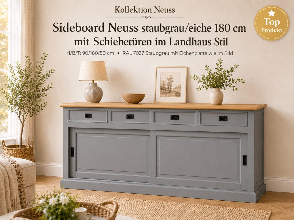 Wohnpalast Buffet Sideboard Neuss grau/eiche 180 cm mit Schiebetüren im Landhaus Stil