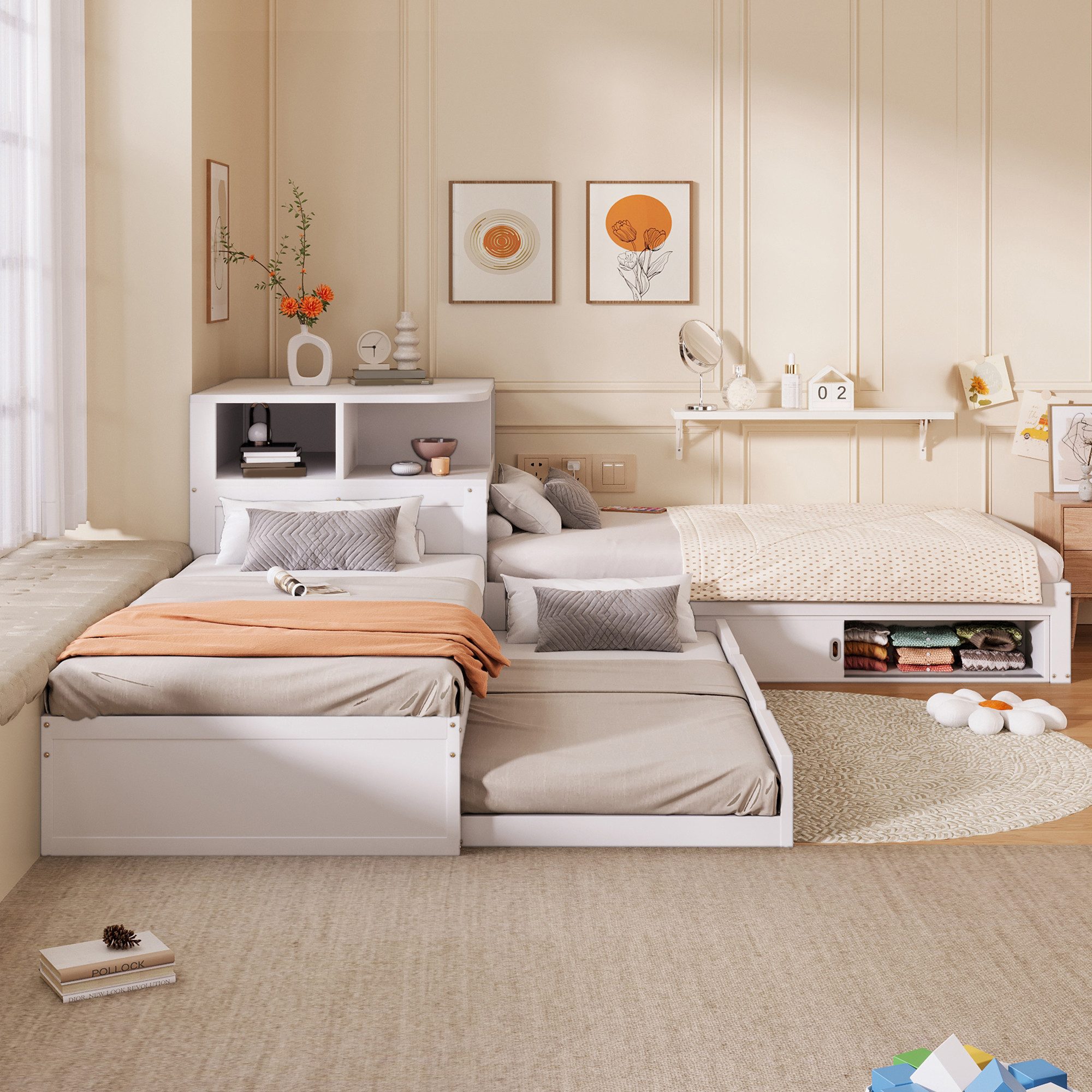 Merax Kinderbett 90x200cm mit Ausziehbett, L-förmiges Plattformbett (1-tlg., Jugendbett Dreibettbett Gästebett), Kiefernholz Jugendbett mit Schiebetür-Stauraum  – Bild 2 von 5
