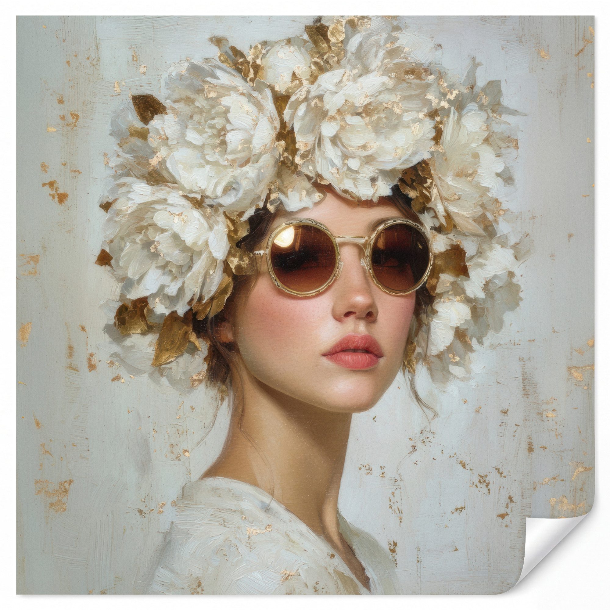 OnlyWow Fototapete Kunstdrucke - Frau - Sonnenbrille - Blumenkranz, Matt, bedruckt, Schlafzimmer, Wanddekoration, Vliestapete 240x260cm