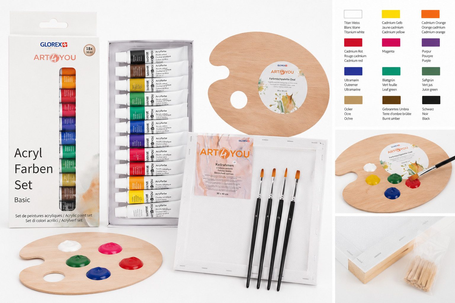 Glorex Kreativset Basic Acryl Farben, Komplettset für Einsteiger und Hobbykünstler
