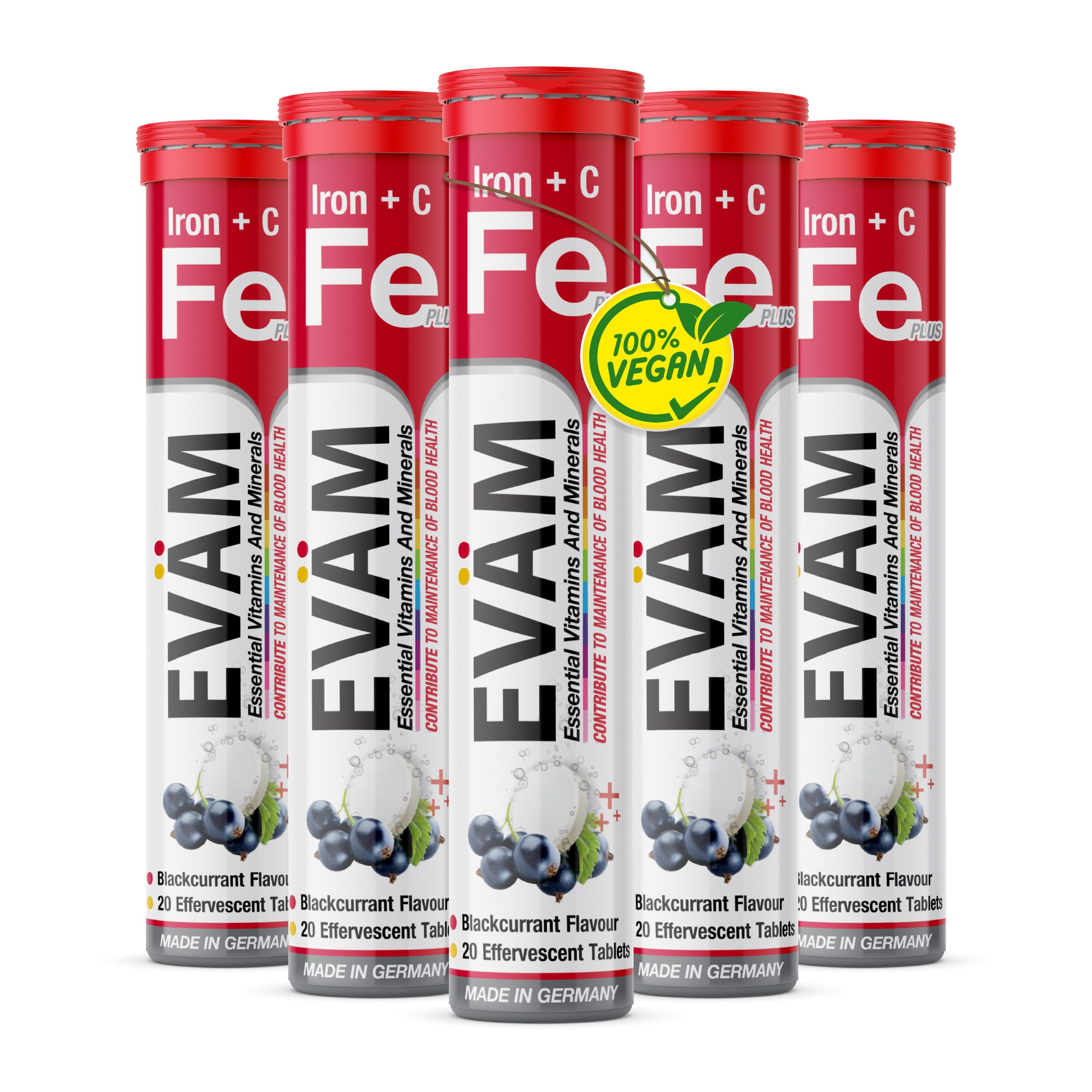EVÄM Eisen + Vitamin C mit schwarze Johannisbeeren, vegan Brausetabletten, 5 er Rörchen à 20 St., 410 g, made in Germany