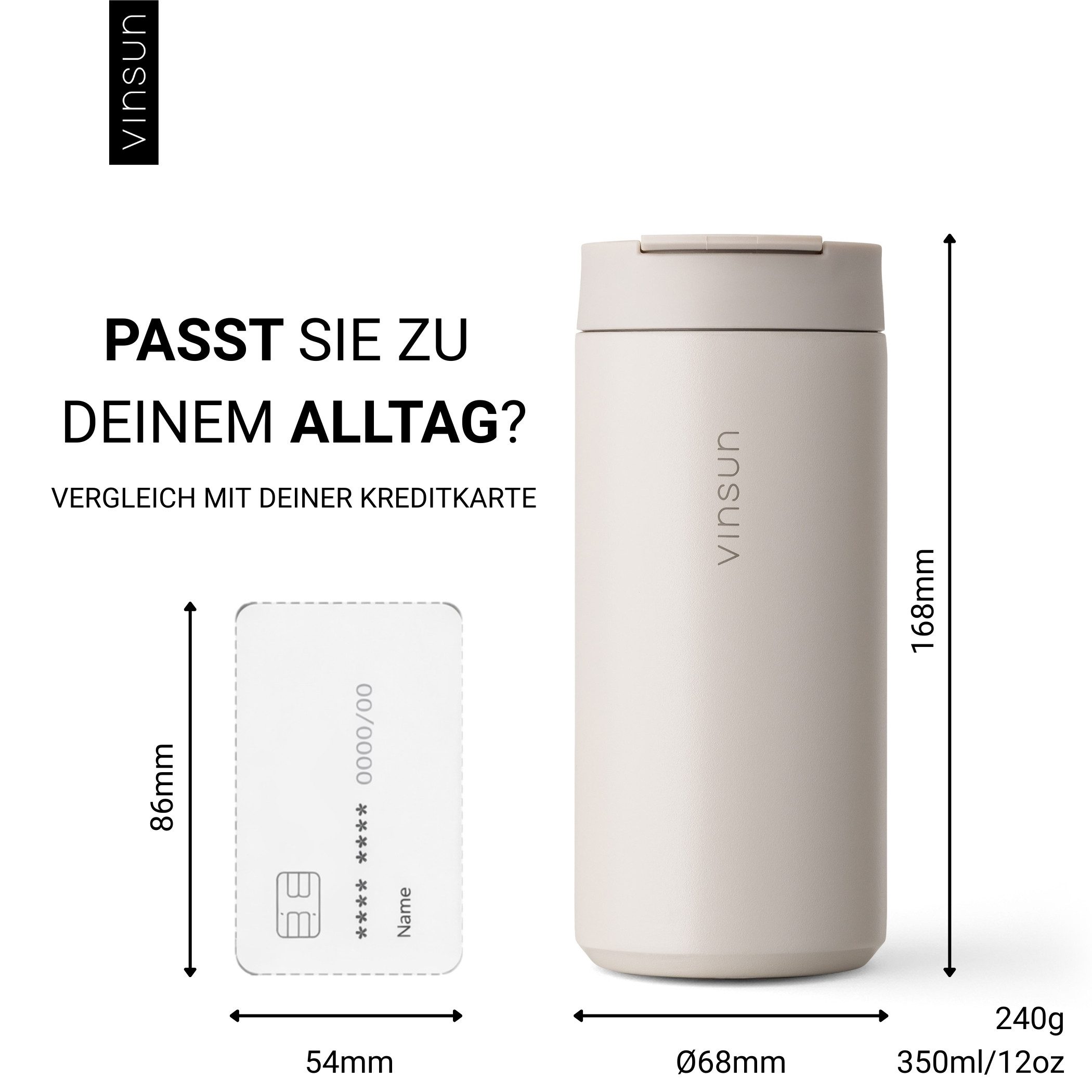 Vinsun Thermobecher Edelstahl Isolierbecher 350ml - Kaffeebecher doppelwandig isoliert, 2-tlg., Edelstahl, BPA frei, auslaufsicher, bruchfest, Kalt- und Heißgetränke