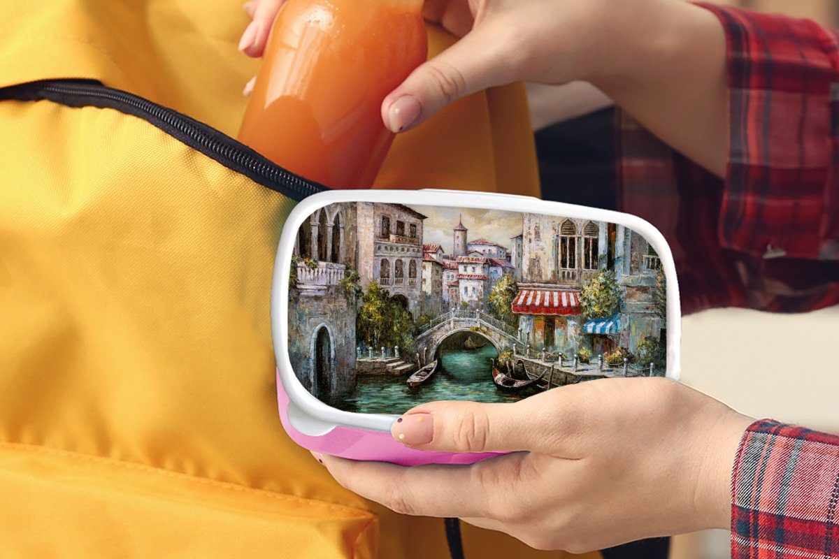 (2-tlg), Kinder, Lunchbox MuchoWow - Kunststoff, - Architektur - rosa Brotbox - Boot Snackbox, Erwachsene, Mädchen, - Italien für Öl, Brotdose Gemälde Kunststoff Wasser