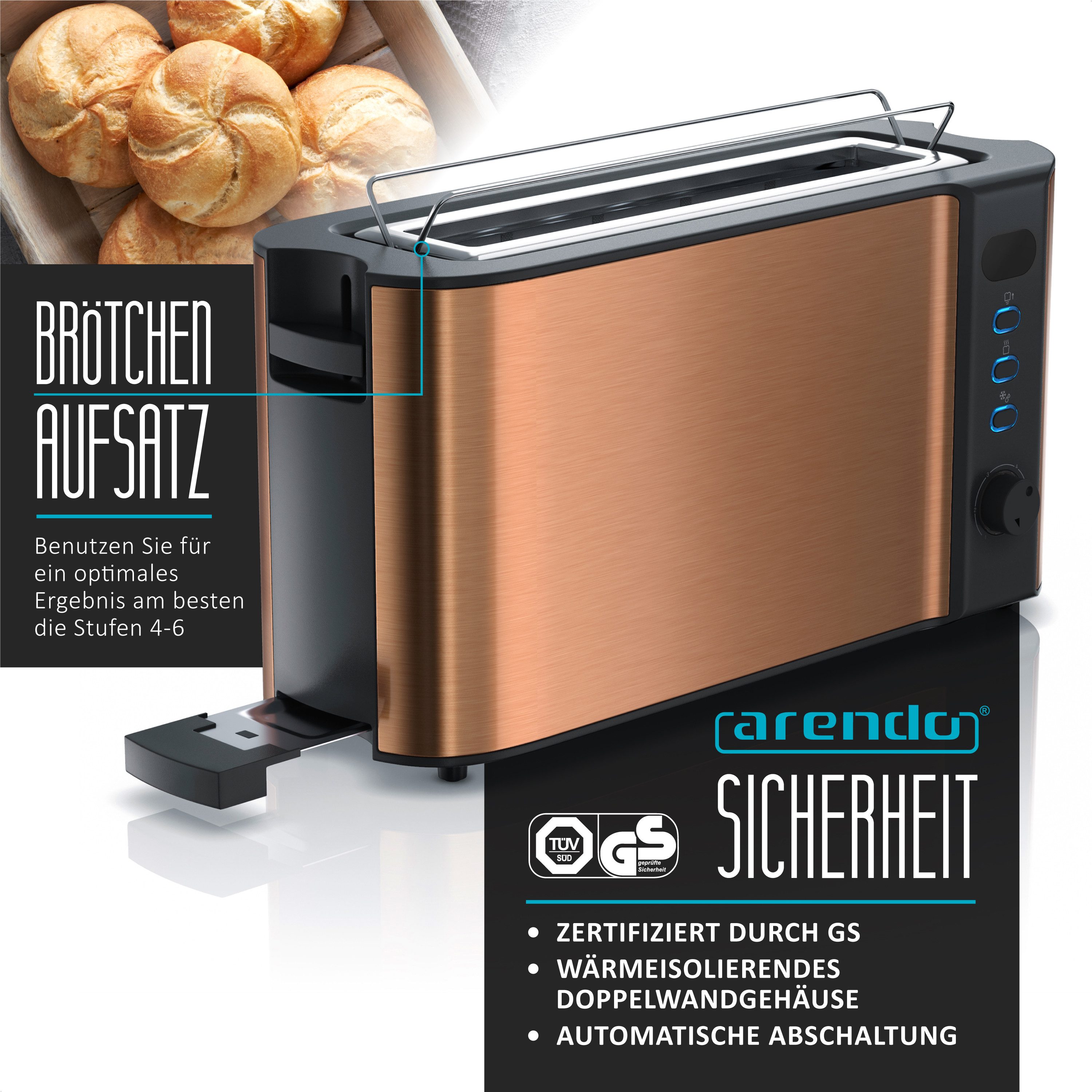 Arendo Toaster Edelstahl, Langschlitz, Display mit Restzeitanzeige, Brötchenaufsatz, 1 langer Schlitz, für 2 Scheiben, 1000 W, Defrost Funktion, Wärmeisolierendes Gehäuse, Krümelschublade
