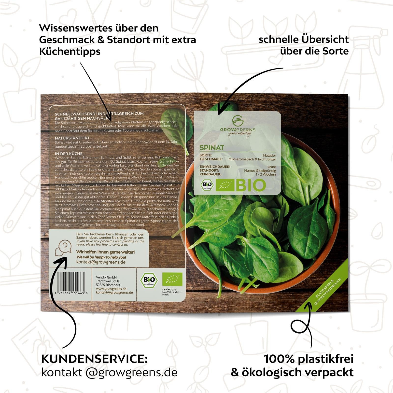Growgreens Gemüsesamen BIO Spinat Samen (Matador) - Spinat Saatgut aus bio. Anbau (150 Korn), Gemüse – Bild 5 von 5