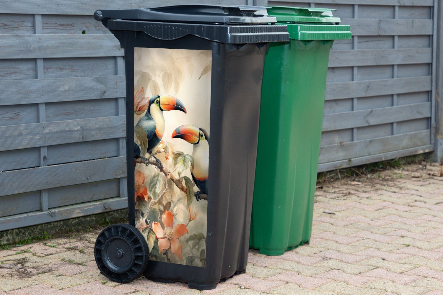 MuchoWow Wandsticker Tukan (1 Abfalbehälter Mülltonne, Vögel - - Blumen Sticker, Mülleimer-aufkleber, Zweig - Container, St)