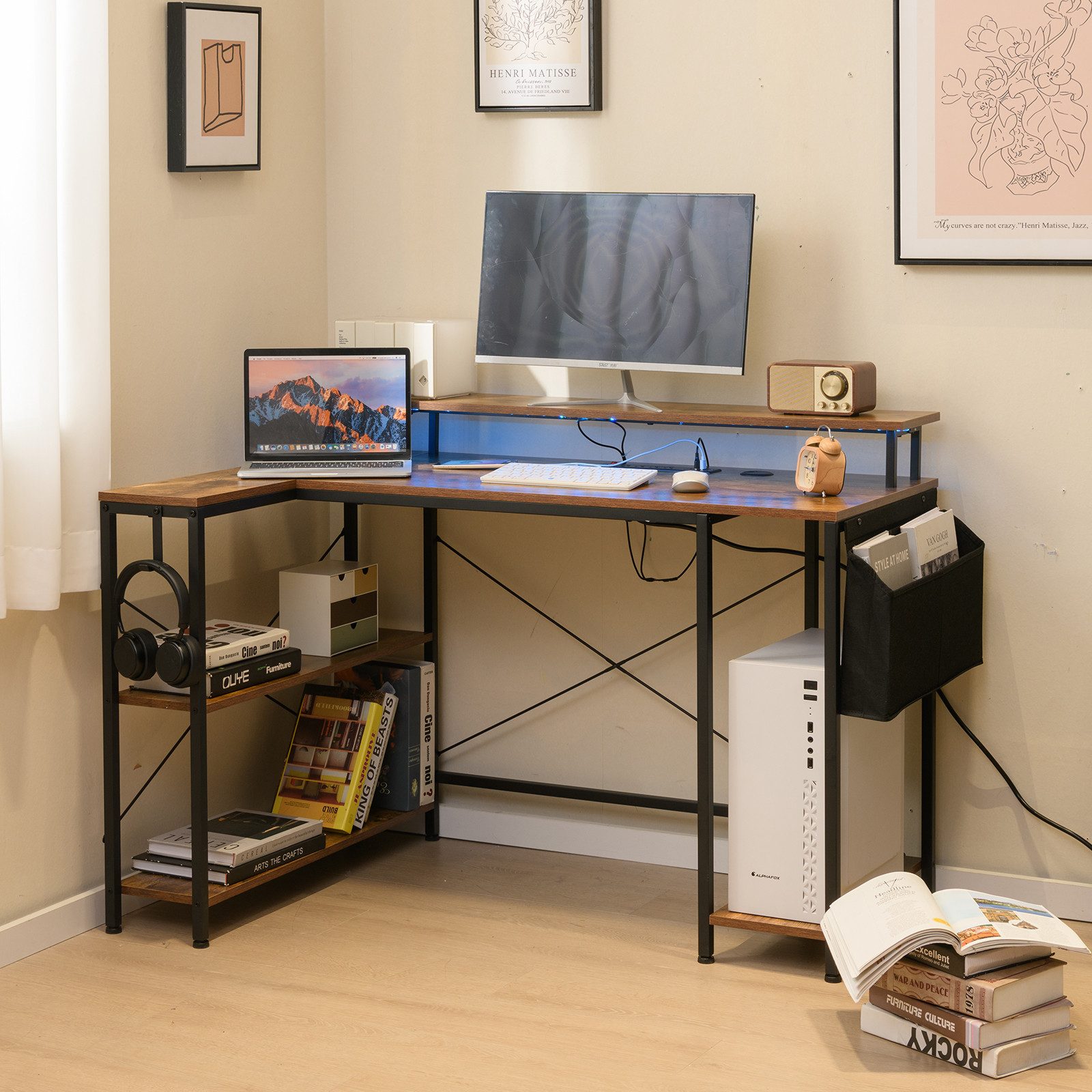 COSTWAY Computertisch, mit Steckdosen, LEDs, Monitorständer, Regalen & Tasc günstig online kaufen