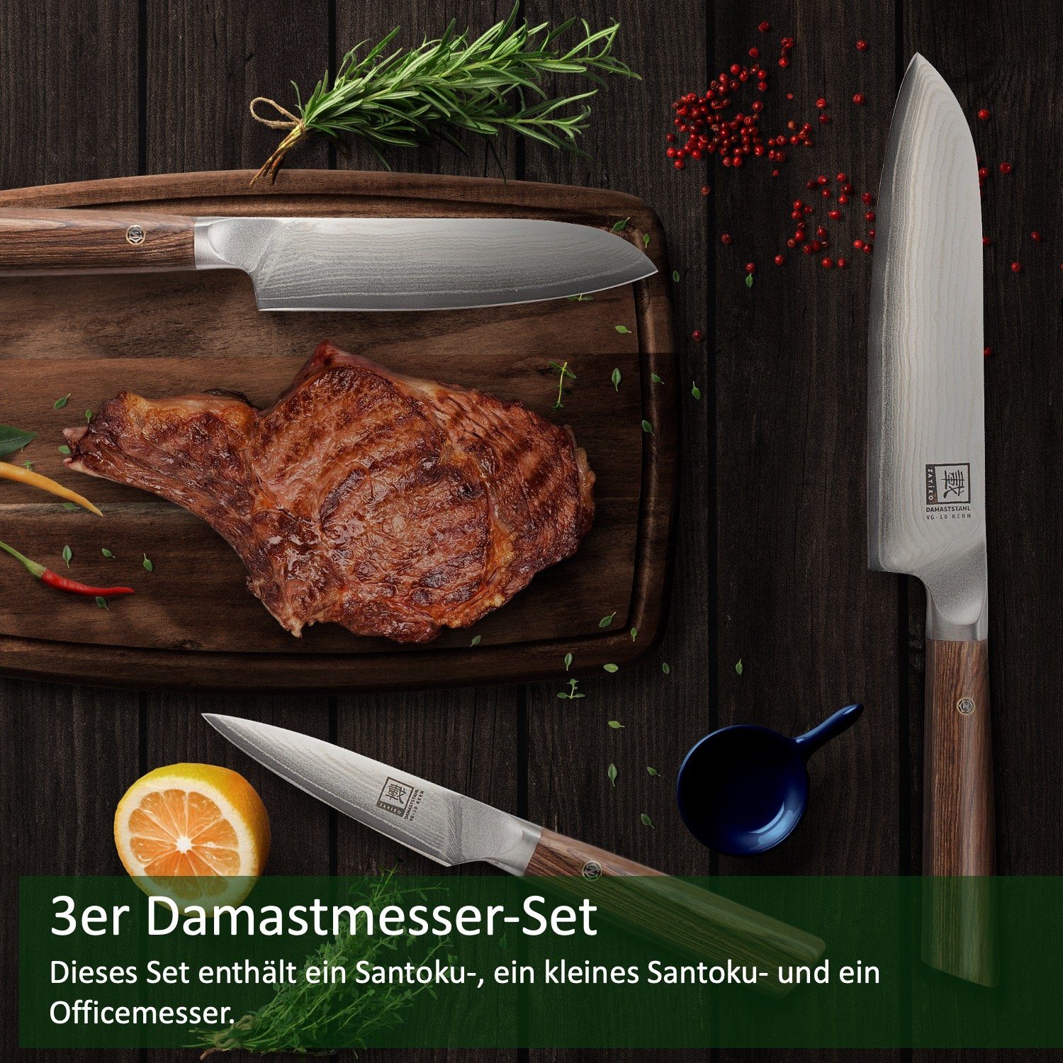 Messer-Set ICHI Kasshoku 3er # Damastmesser-Set Serie ZAYIKO #NI #SAN