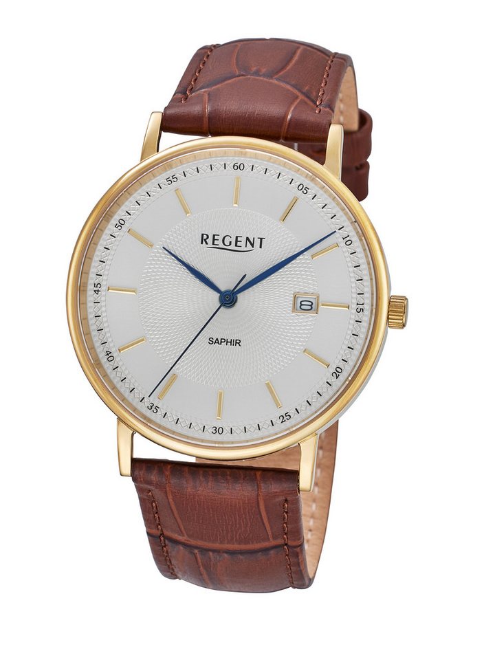 Regent Quarzuhr F-1592, Armbanduhr, Damenuhr, Herrenuhr, Lederarmband, analog, Tag